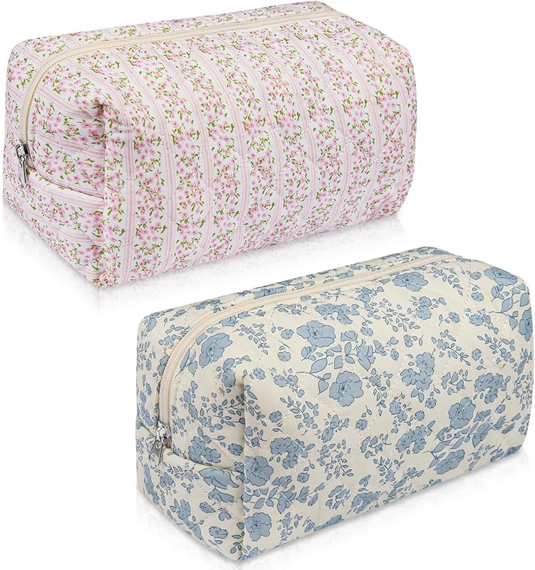 Necessaires de maquiagem Gosect com estampa floral, algodão matelassado, zíper, rosa e azul, pacote com 2