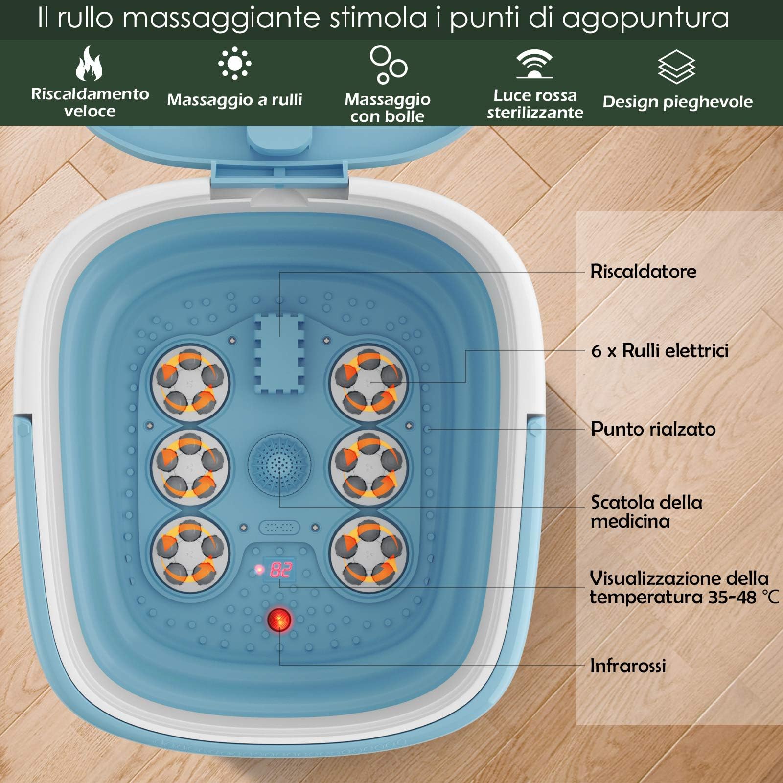 GYMAX Pediluvio Elettrico, Massaggiatore per Piedi Pieghevole, con Rulli, Temperatura Regolabile, Telecomando, Timer, 42 x 40 x 24 cm (BLU)