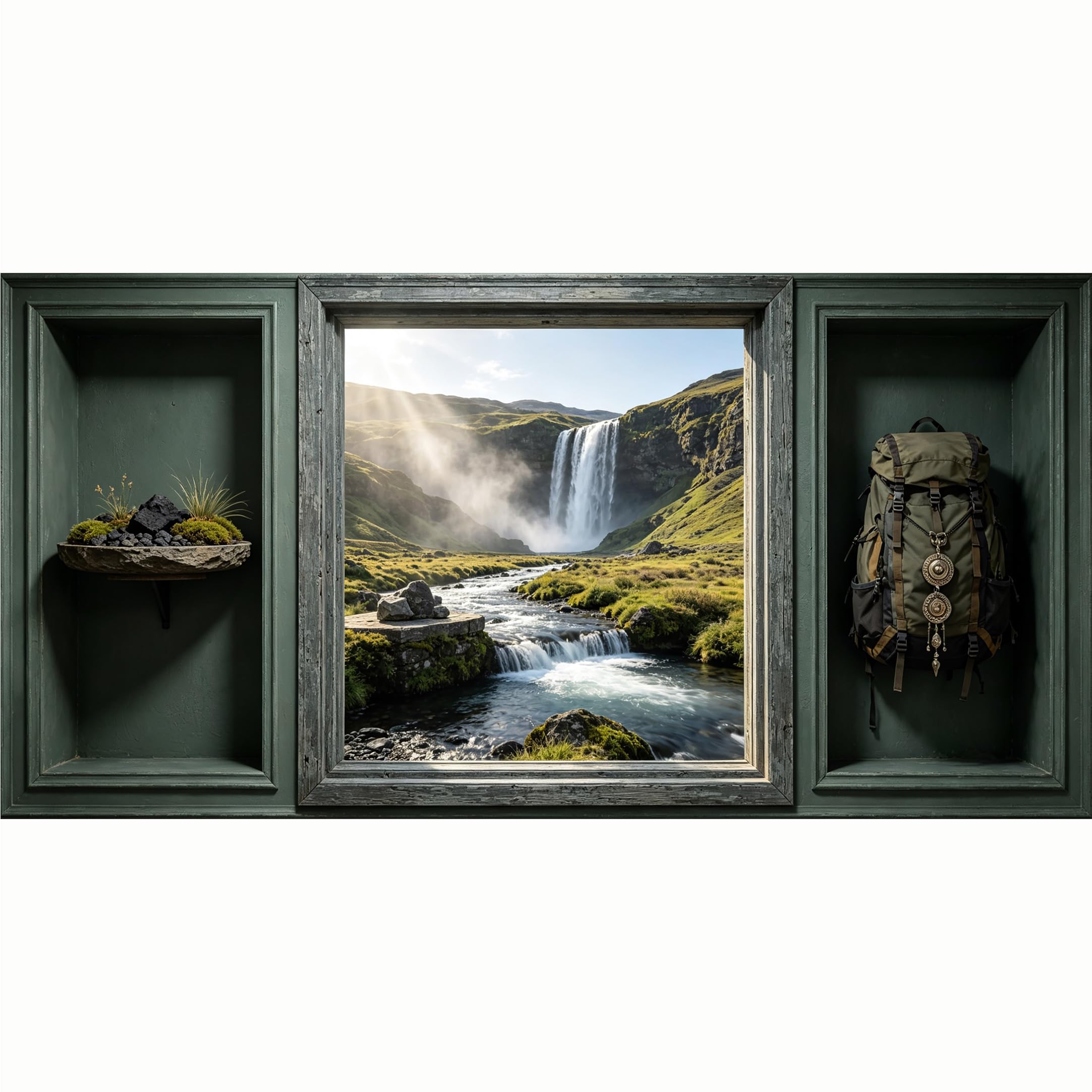 QZLITHOTIC 50x100cm 3D Framed Wall Art， Scenic Icelandic Waterfall Mountain Landscape Self‑Adhesive Mural， Water‑Activated Peel & Stick Fabric Decor Wall Decal for Bedroom Living Room
