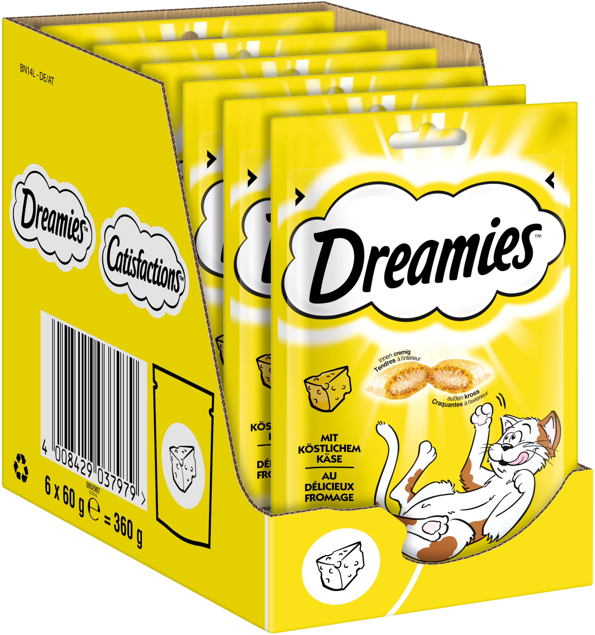 Dreamies Katzensnacks mit Käsegeschmack, 6er Pack, 6x60g – Außen knusprige & innen cremige Katzenleckerlis