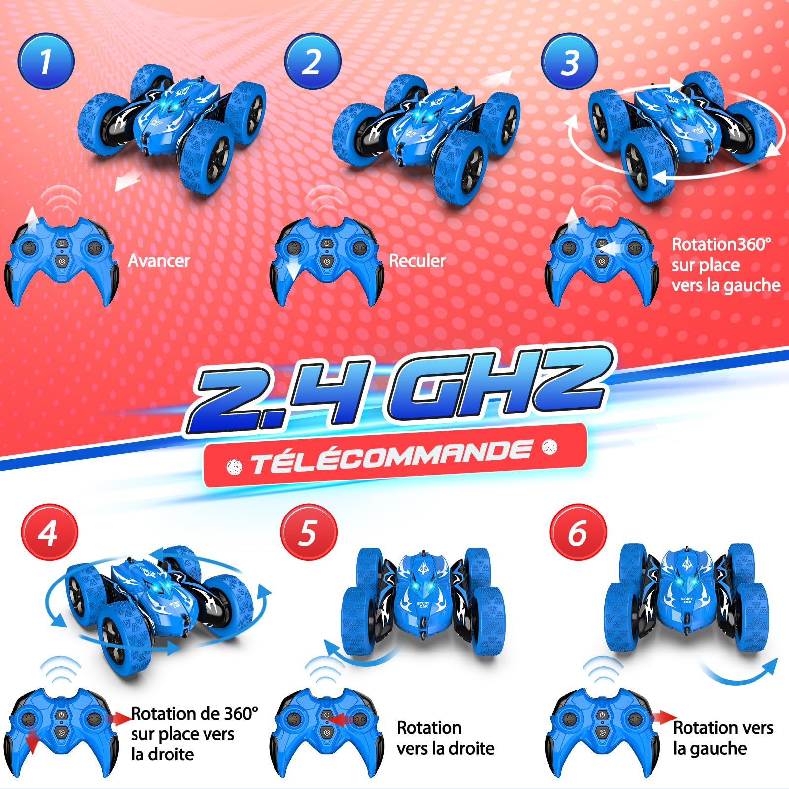 HappyGoLucky Voiture Telecommandé Enfant, 360° Rotation Voiture Télécommandée Monster Truck, 2.4Ghz 4WD Voiture Rc Car Jouet Cadeau Enfant Garcon 3-9 Ans Jeux Exterieur Cadeau Anniversaire