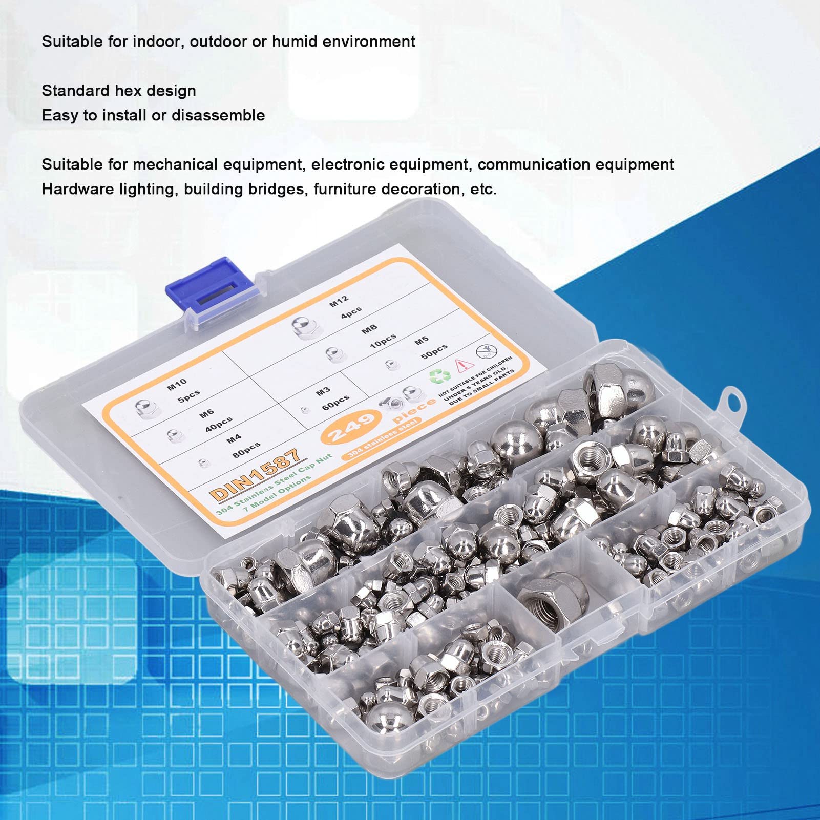 249Pcs Acorn Hex Cap Nuts Kit M3?M12 304 Stainless Steel Acorn Nuts Assortment Kit for Mechanical Equipment