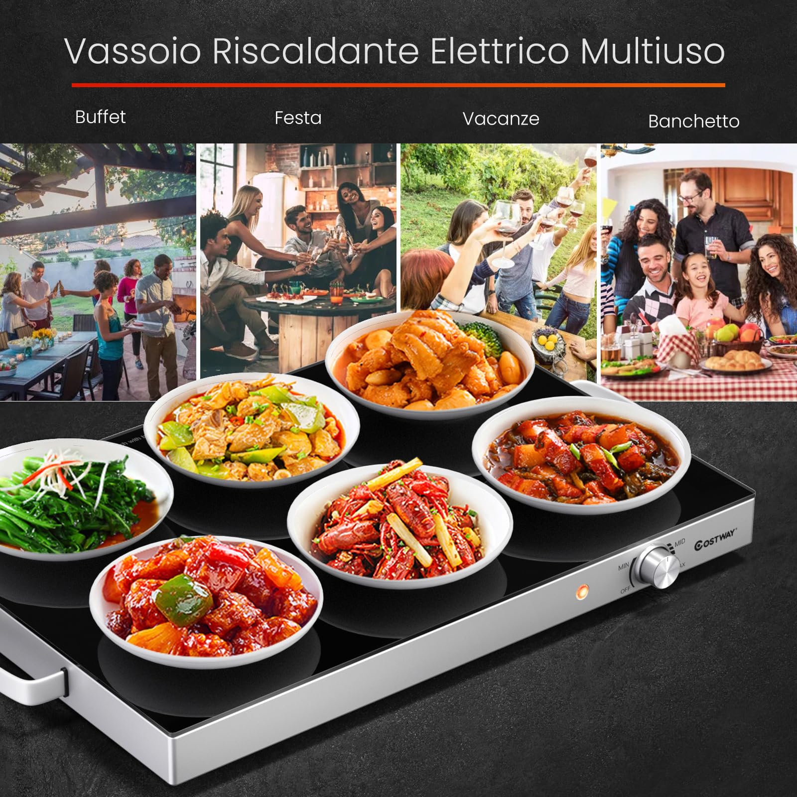 COSTWAY Vassoio Scaldavivande Elettrico, Vassoio Riscaldante in Acciaio Inox con Piano in Vetro Resistente alle Alte Temperature, Maniglie Antiscottatura, per Casa e Festa