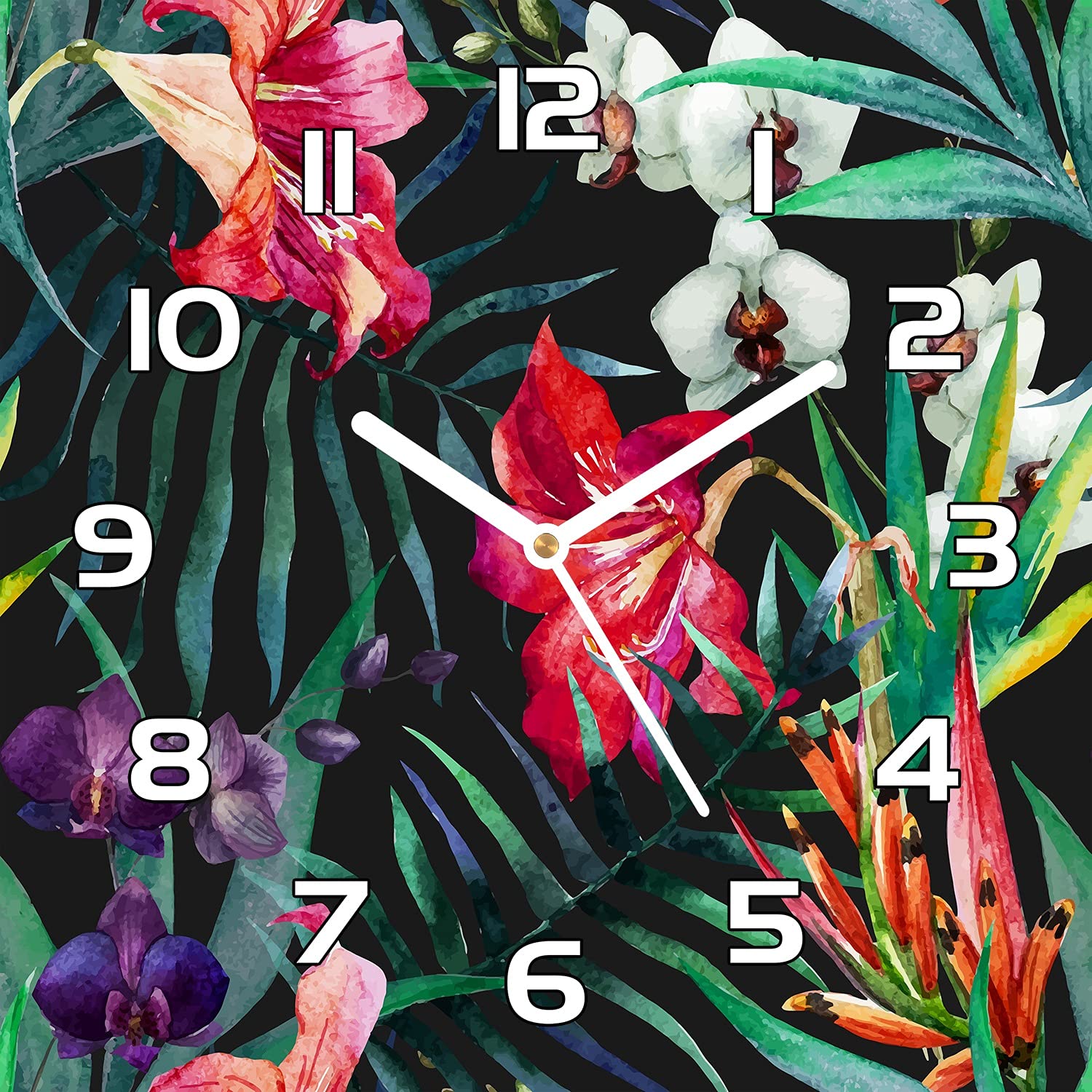 Horloge en Verre 30x30 cm Anti-Rayures pour Cuisine Moderne Motif Jungle