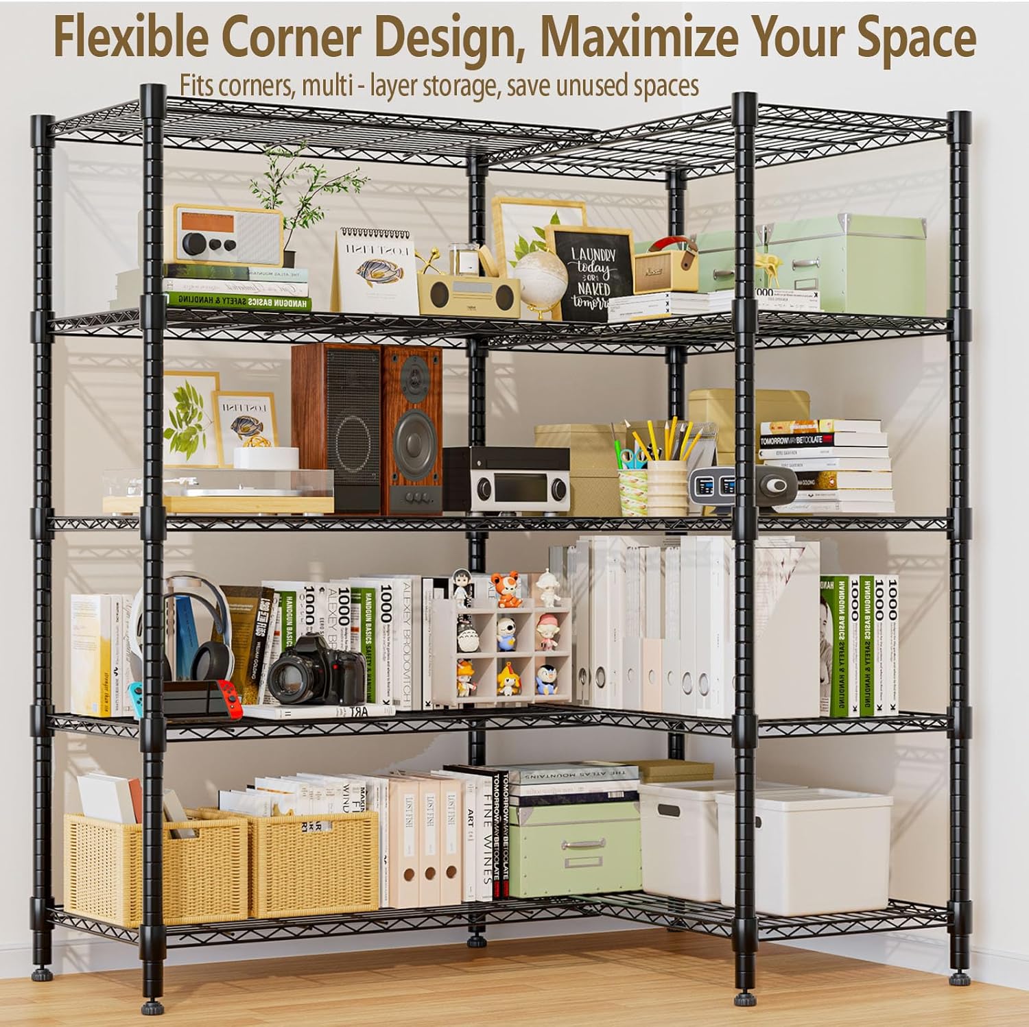 Himimi 72" W Wire Rack Shelving-2000LBS Capacity, Adjustable Storage Shelves Metal Shelves for Storage, 5-Tier Wire Organizer for Kitchen, Garage, Pantry, 72" W x 18" D x 72" H, Black