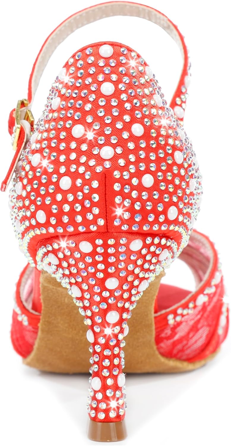 Latinsoul Y205-35 Women's Crystal Rhinestone Lace Latin Dance High Heel Shoes - Adjustable Ankle Strap Design, Stylish and Comfortable Dance Shoes