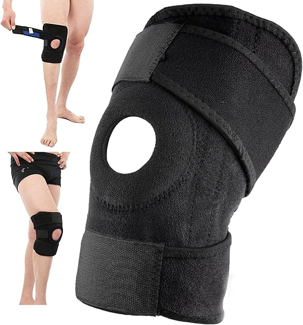 Unisex Knee Support Adjustable Compression Knee Open Patella Tendon Support Knee Brace Arthritis Pain, Injury Recovery, Workout, Walking, Stabilising Guard (Black - Length(4 Inch))