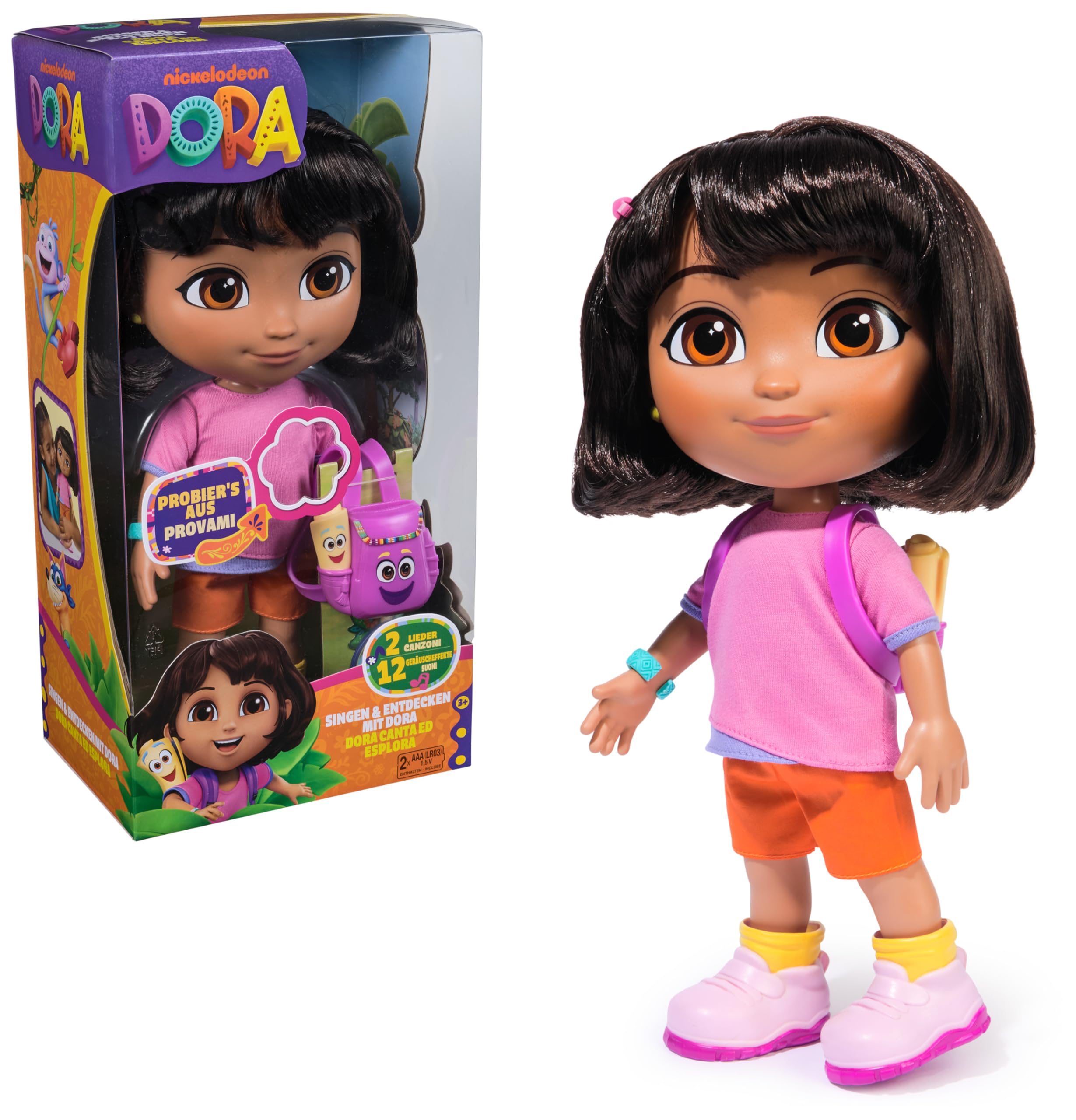 Dora Sing mit Mir Puppe 35 cm große Puppe zur beliebten TV-Serie mit 2 Liedern und 12 Sätzen & Geräuschen Deutsch/Englisch und Italienisch/Englische Sprachversion für Kinder ab 3 Jahren