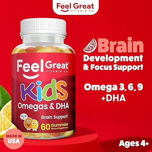 Miniatura 2 de Feel Great Vitamins Kids DHA Gummies con Omega 3 6 9, vitamina C (paquete de 2)  Apoya la función cerebral saludable, la visión y la salud del