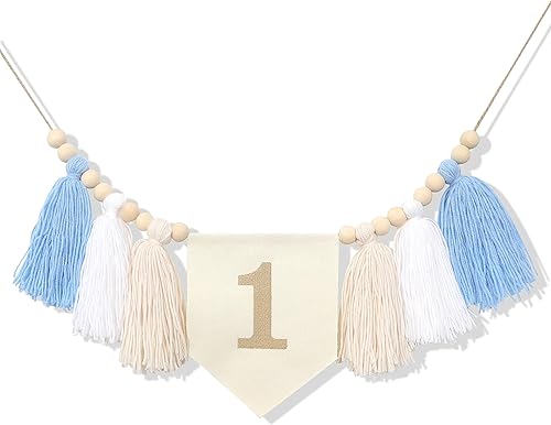 Cartel bordado para silla alta con borlas Cartel de 1er cumpleaños con borla de cuentas de madera Decoración de fiesta de primer cumpleaños con
