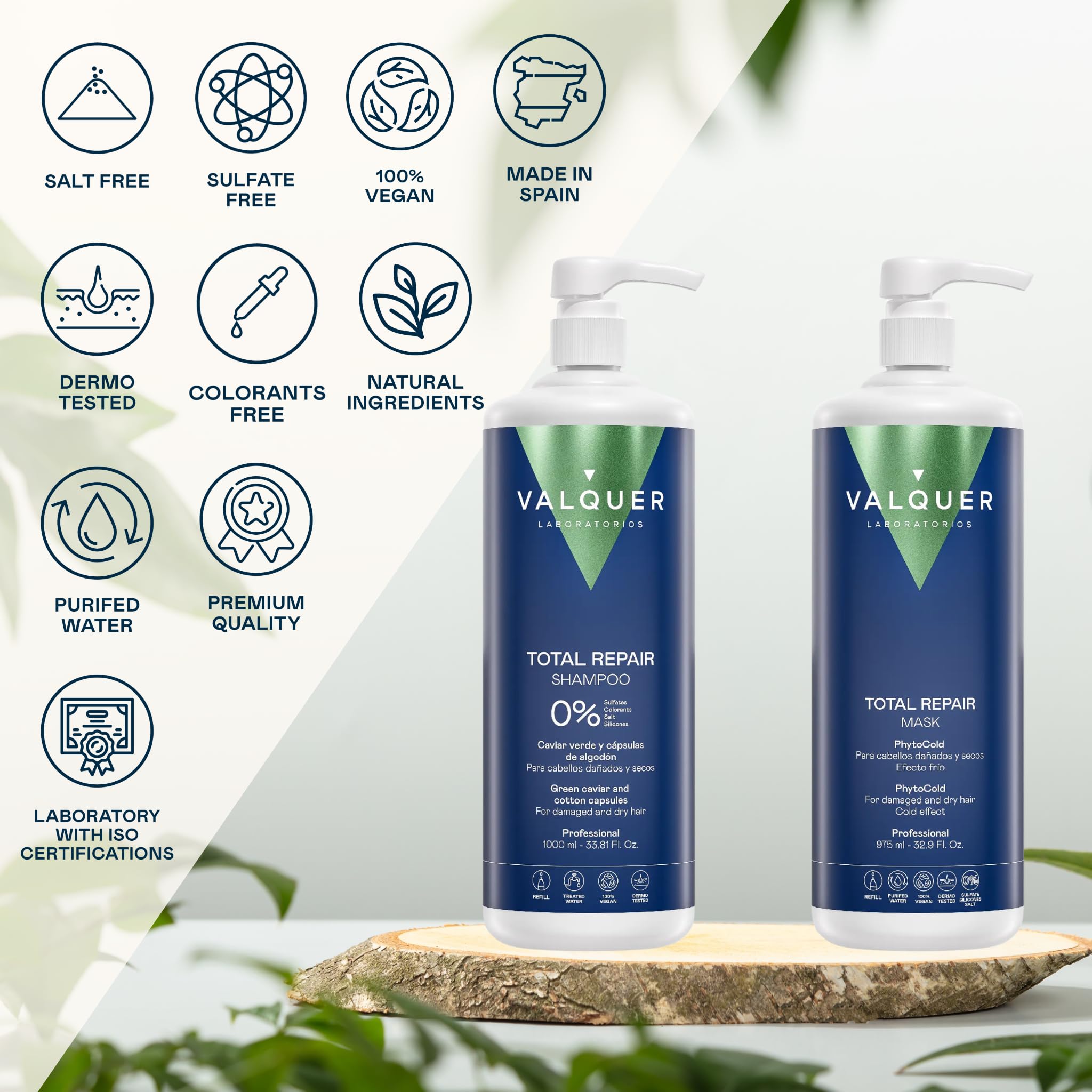 VALQUER Pack Total Repair Shampoing 0% + Masque Effet Froid | Routine Complète pour Cheveux Secs et Abîmés | Caviar Vert et Vitamine E | Vegan | 1 L + 975 ml | Répare, nourrit et hydrate les cheveux secs et abîmés - Végétalien