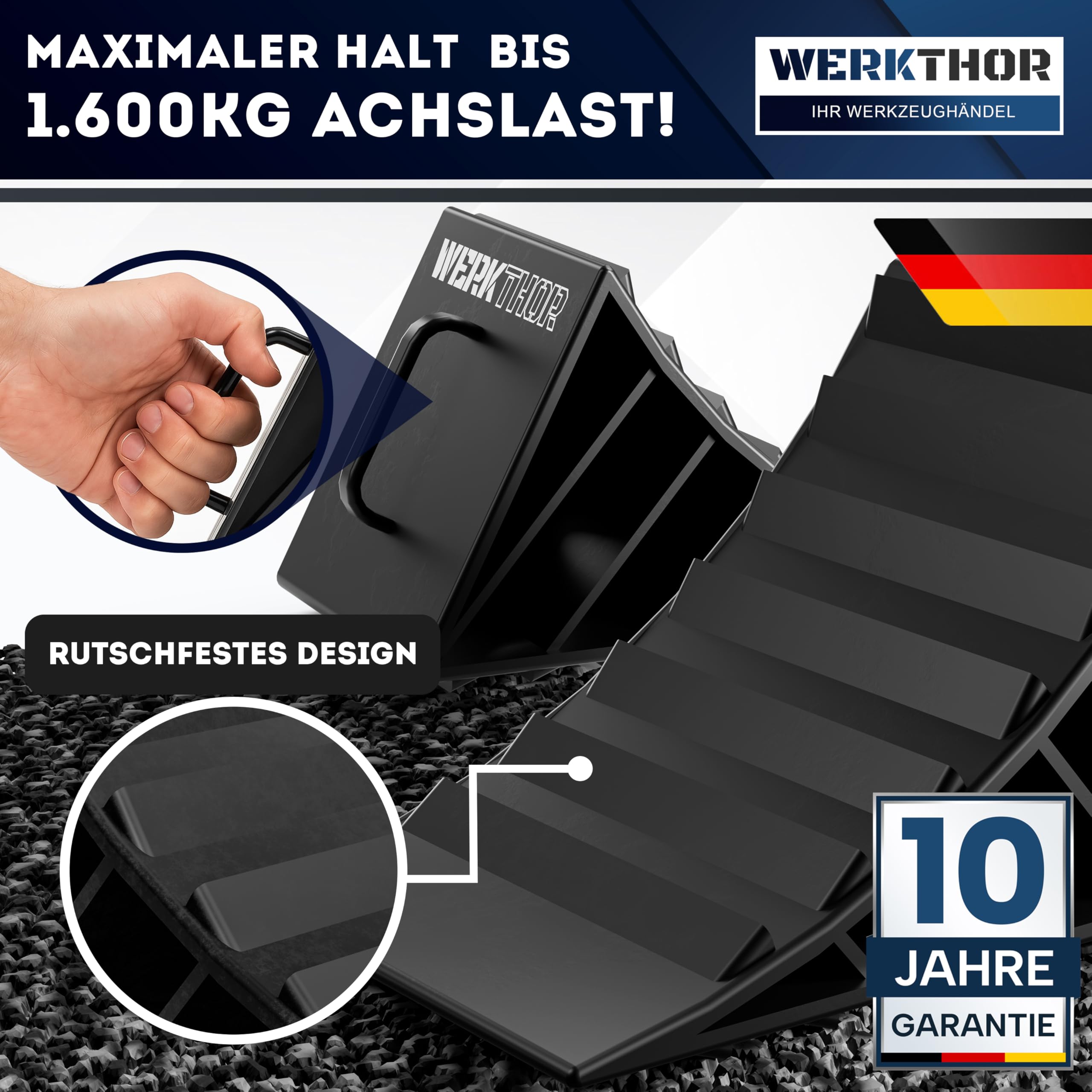 WERKTHOR Calzos de Rueda con Soporte [Juego de 2] y Material de Fijación - Calzos de Rueda para Remolques de hasta 1600kg de Carga por Eje - Cuñas Accesorios para Remolques de Coches