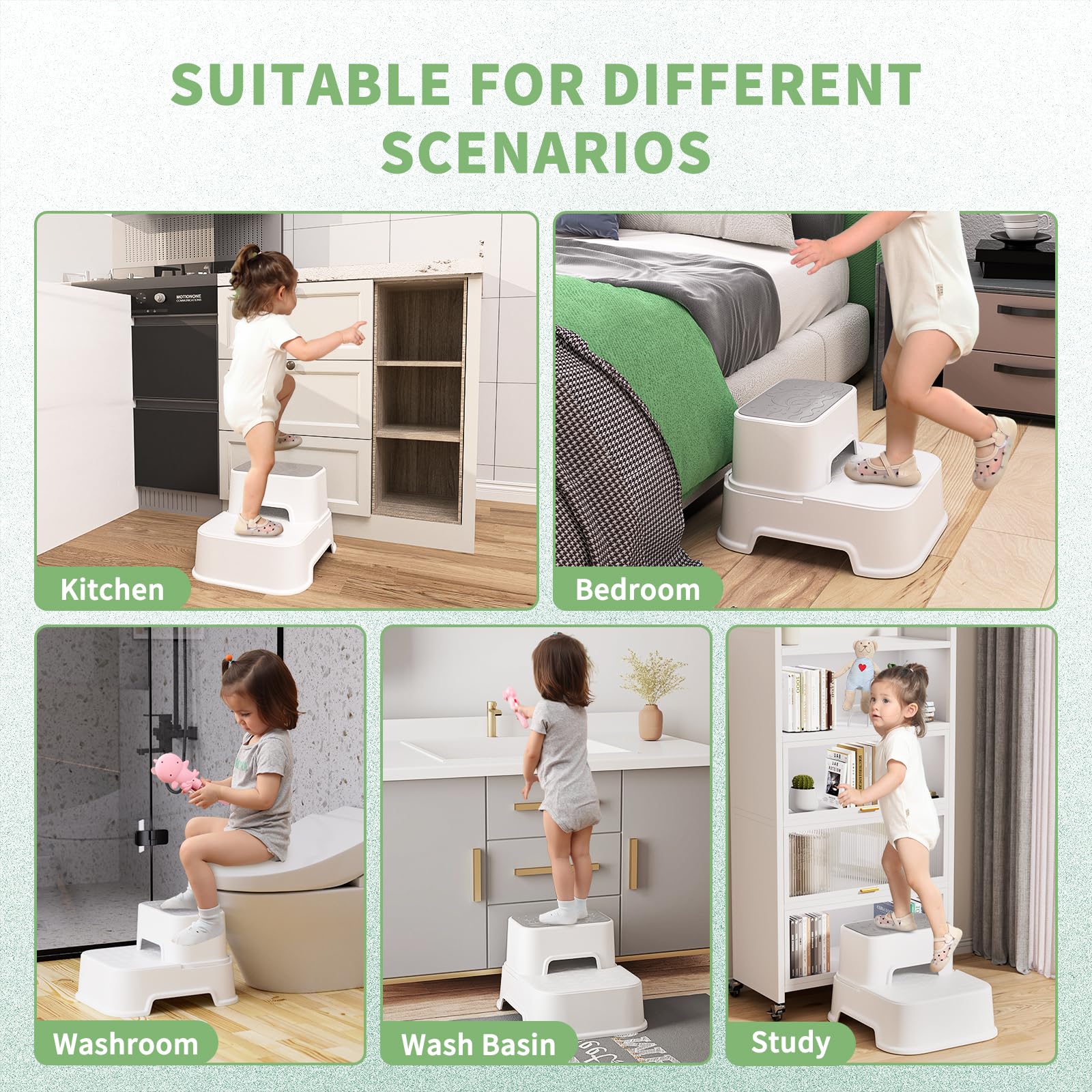 MangoHood 2 Step Stools for Kids - Double up Toddlers Stool Multifunctional Toilet Stepping Stool for Kids Anti-Slip Step Stool for Bathroom Sink, Potty Training, Kitchen (White-2Packs)