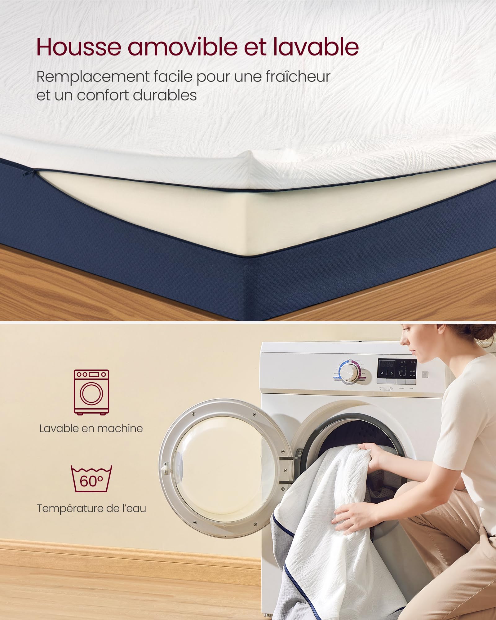 VASAGLE Matelas 140 x 190 cm, Matelas 2 Personnes, Mousse à Mémoire de Forme Gel, Soutien Mi-Ferme sur 7 Zones, Housse Respirante, Amovible et Lavable en Machine, 20 cm d’Épaisseur, Bleu RMZ123QZ01
