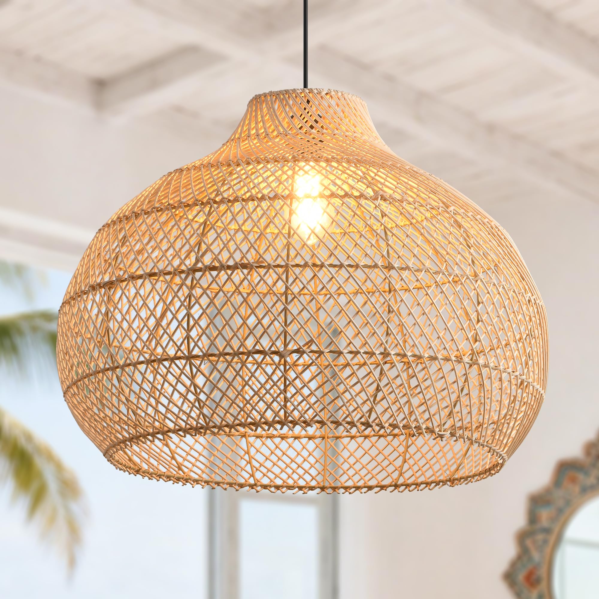 Parrot Uncle Rattan Pendant Light, 60cm Hand Woven Natural Bamboo Shade, Bohemian Ceiling Light Shades Adjustable Height E27 Socket for Living Room Dining Area (Bulb Not Included) [Energy Class G]