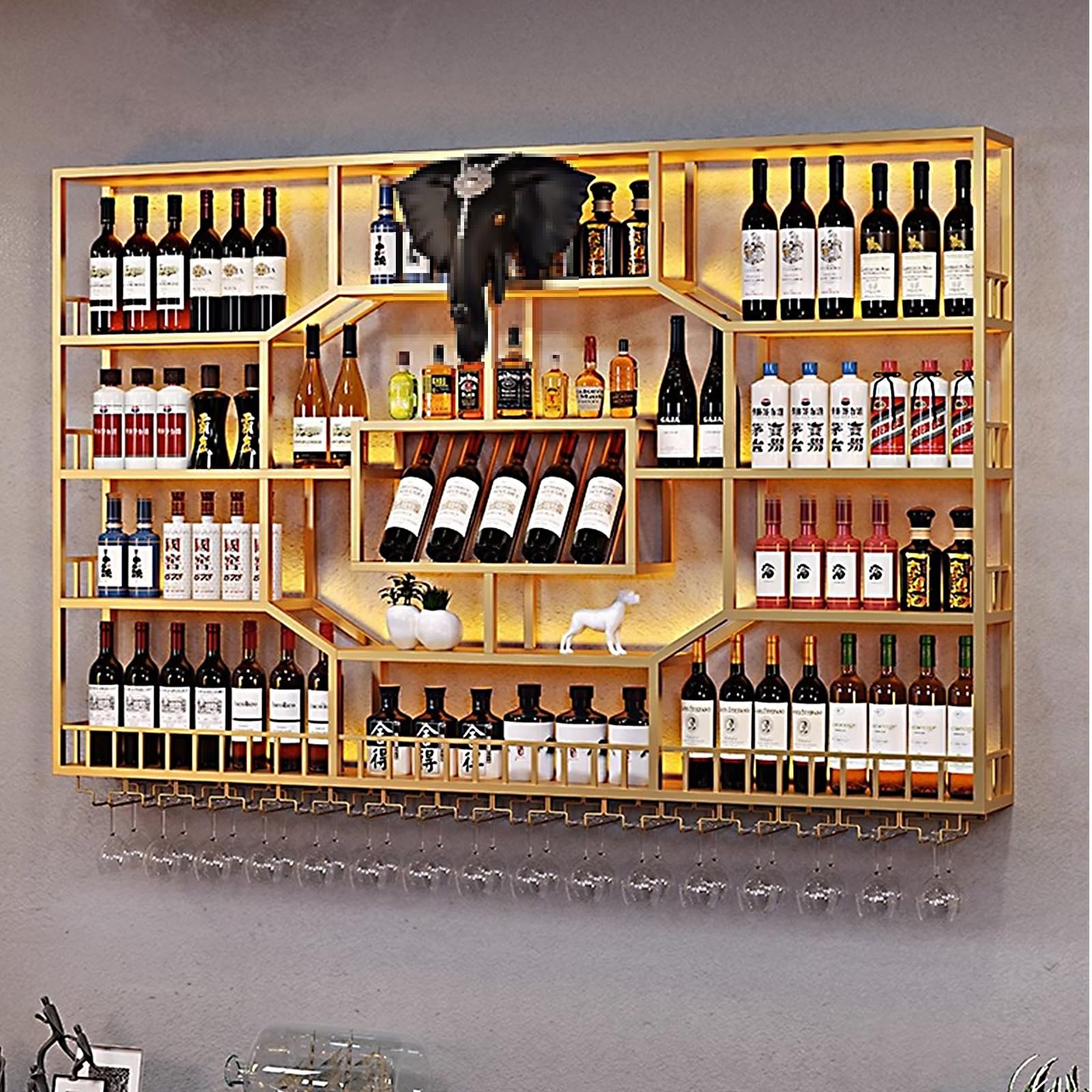 Botellero Vino Pared Botellero Moderno de Hierro Lacado a Alta Temperatura, Wall Mounted Wine Rack con Luces Led y Portavasos para Cocina, Comedor, Bar(120 * 20 * 125cm)