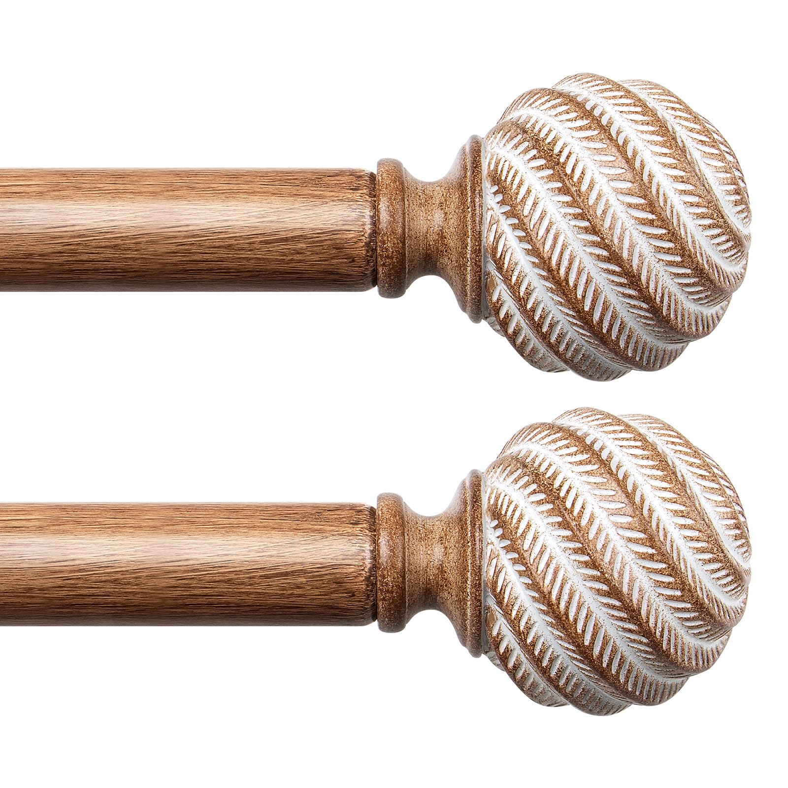 Wood Curtain Rods for Windows 2 Pack, TONIAL 1 Inch Adjustable Heavy Duty Drapery Rods 32-58 Inch with Wood Grain Leaf Pattern Finials, Boho Curtain