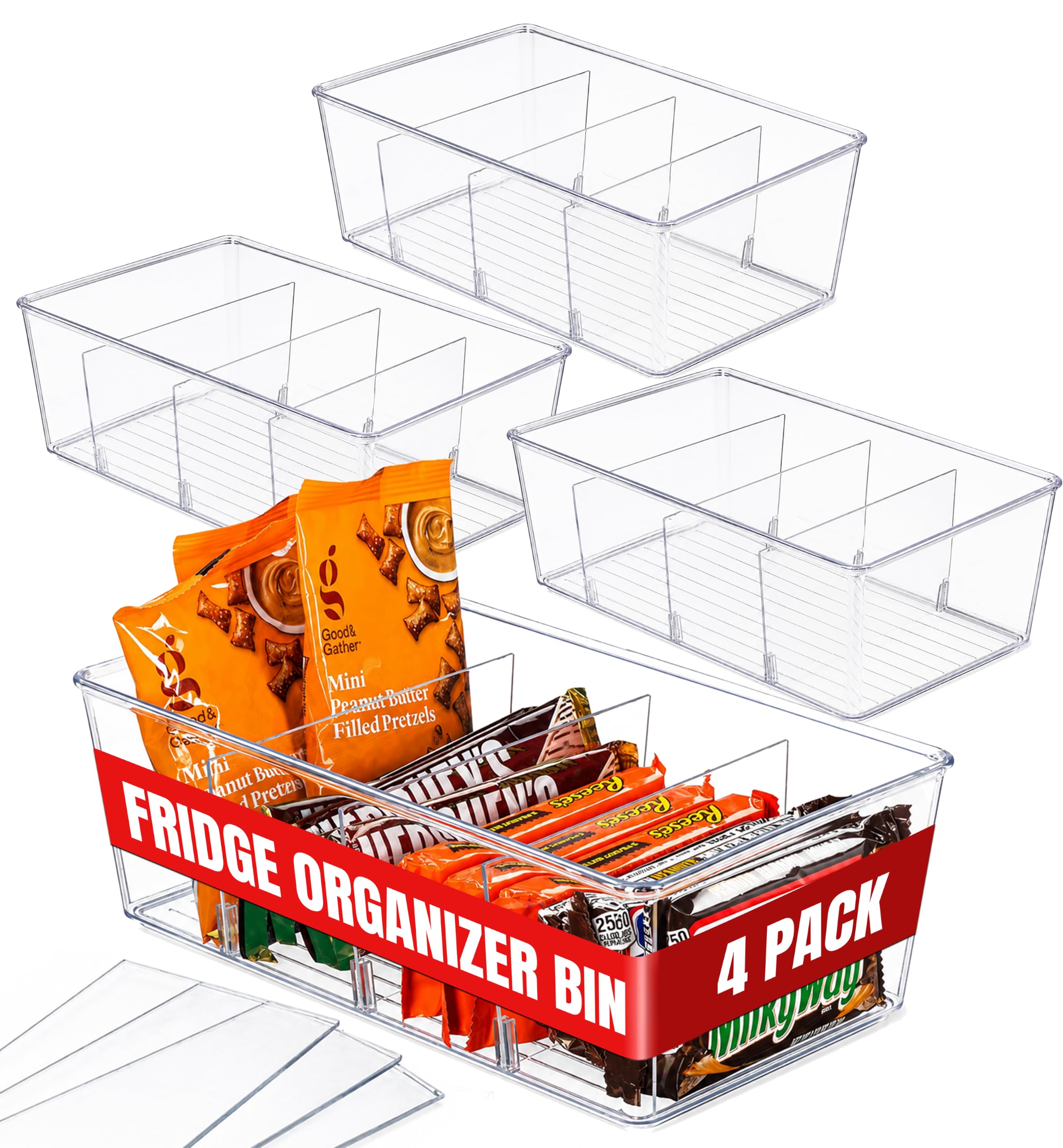 Oizeir Paquete de 4 cubos organizadores transparentes para despensa, organizador de nevera con 3 separadores extraíbles, organizadores y almacenamiento de despensa de cocina, armario de almacenamiento