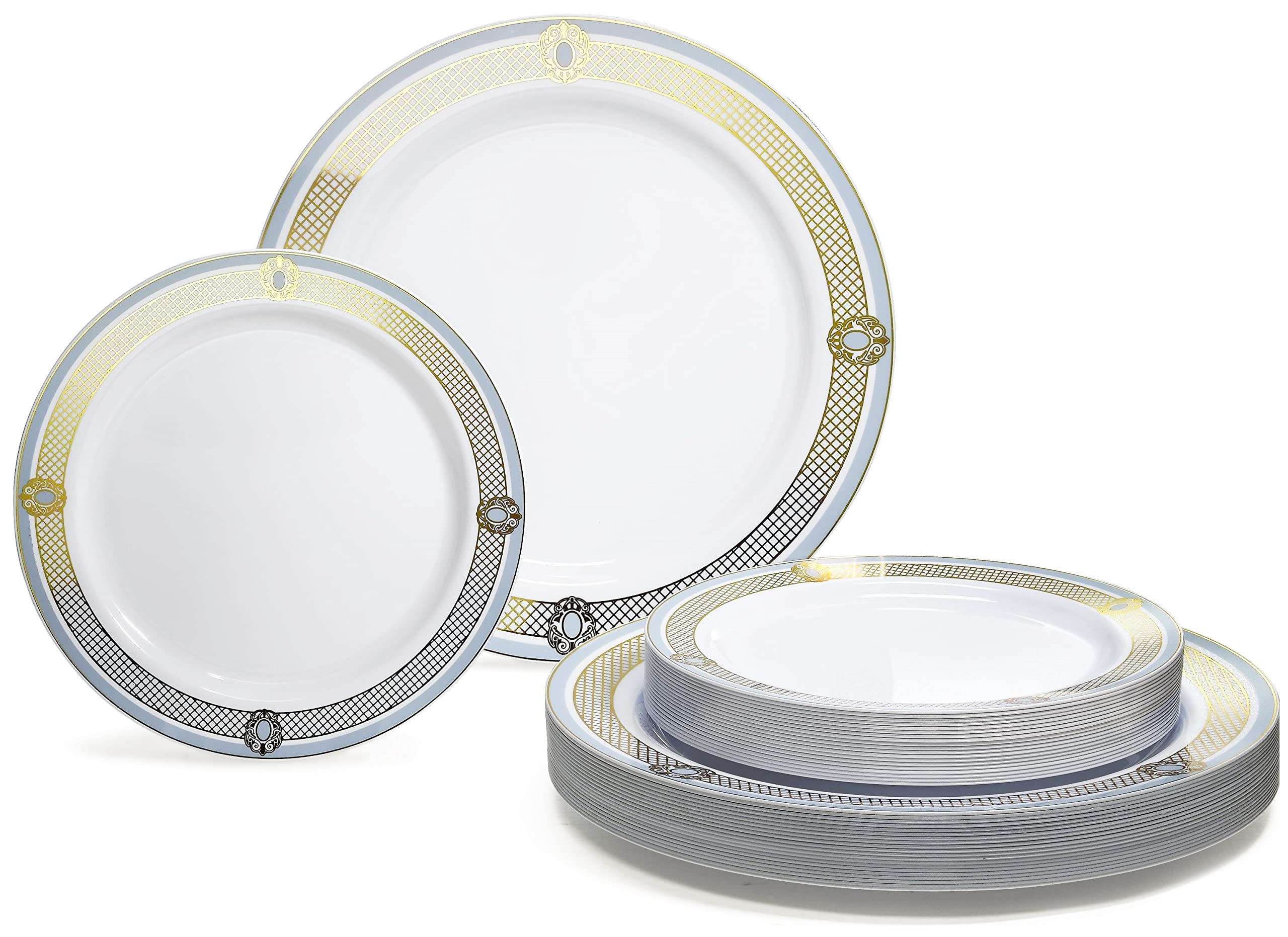 Photo 1 of " OCCASIONS " 50 Plates Pack (25 Guests)-Wedding Party Disposable Plastic Plate Set -25 x 10.25'' Dinner + 25 x 7.5'' Salad & Dessert plates (Royal in White/Blue & Gold)