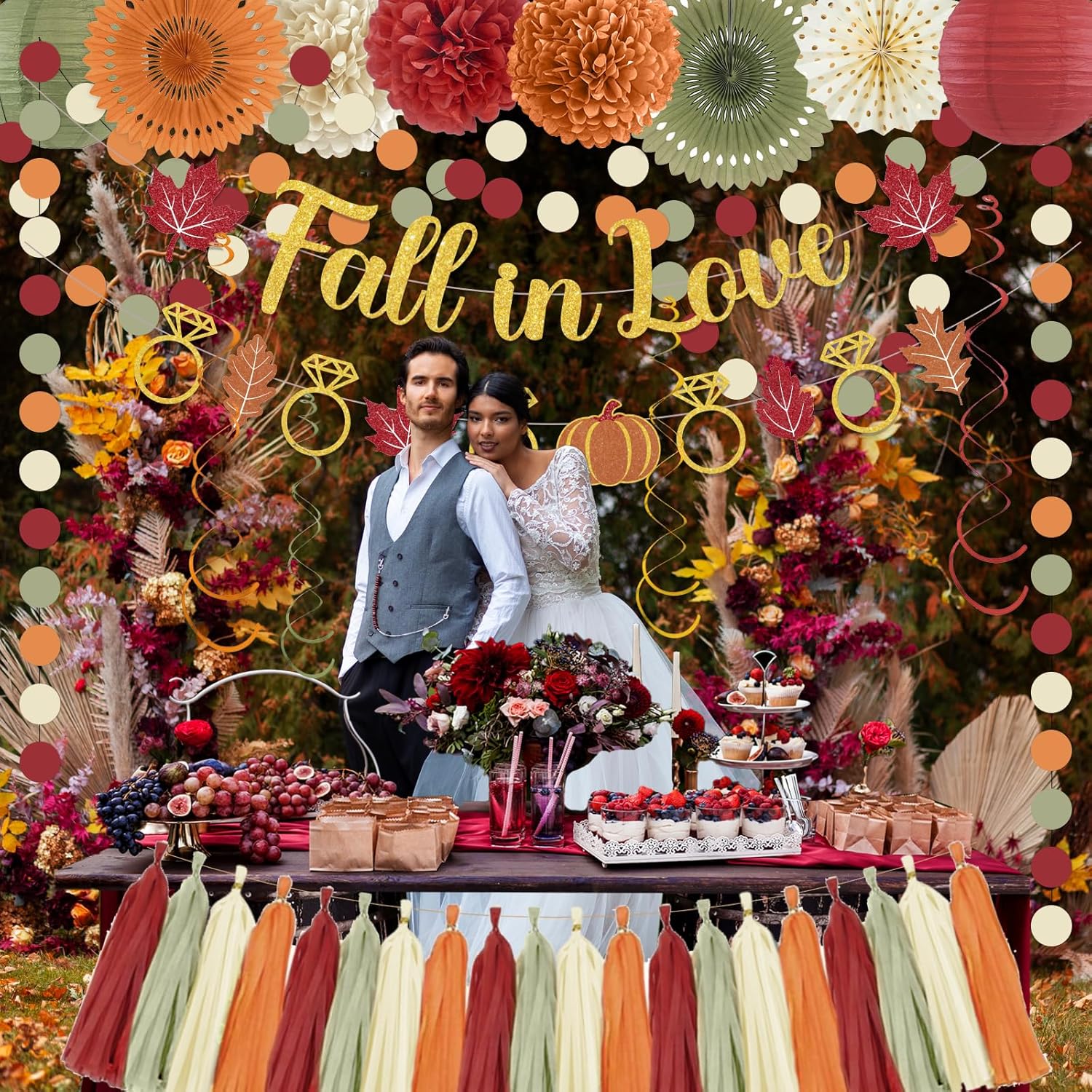 Fall in Love Bridal Shower Decorations - Orange Sage Green Fall Engagement Wedding Party Supplies with Banner,Tassel Pom Poms,Paper Lanterns - Image 5