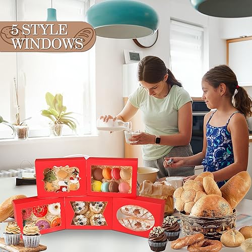 Miniatura 5 de KPOSIYA 65 cajas de galletas de 8 x 6 x 2.5 pulgadas con ventana, cajas de pastelería rojas para regalo, golosinas, postres, cupcakes, chocolate,