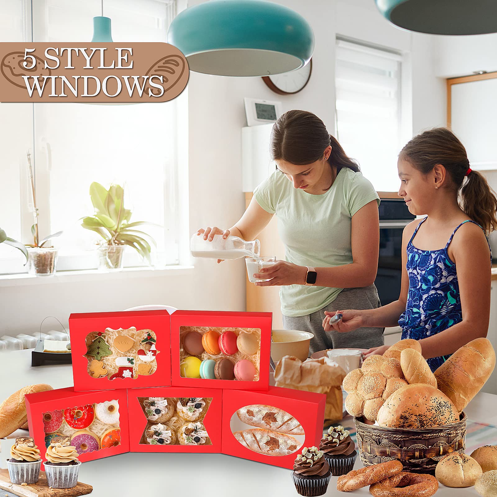 KPOSIYA 65 cajas de galletas de 8 x 6 x 2.5 pulgadas con ventana, cajas de panadería rojas para regalo, golosinas, postres, cupcakes, chocolate, fresas, donas, magdalenas (5 ventanas de estilo)