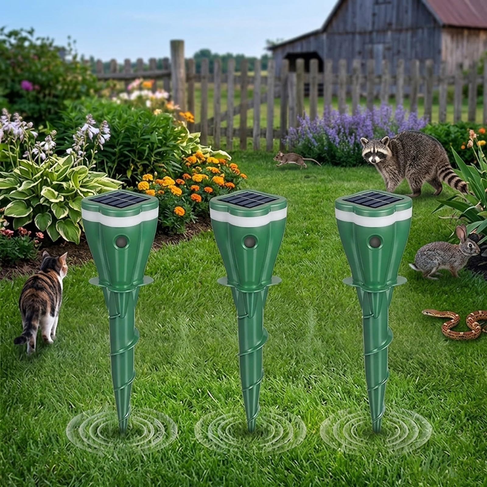Solar Powered Animal Deterent, Ultrasonic Animals Control Device with Motion Sensor and Vibration,Waterproof Cat Rodent Raccoon Repeller, Rabbit Snake Control Device for Yard Farm Garden (Green 3pcs)