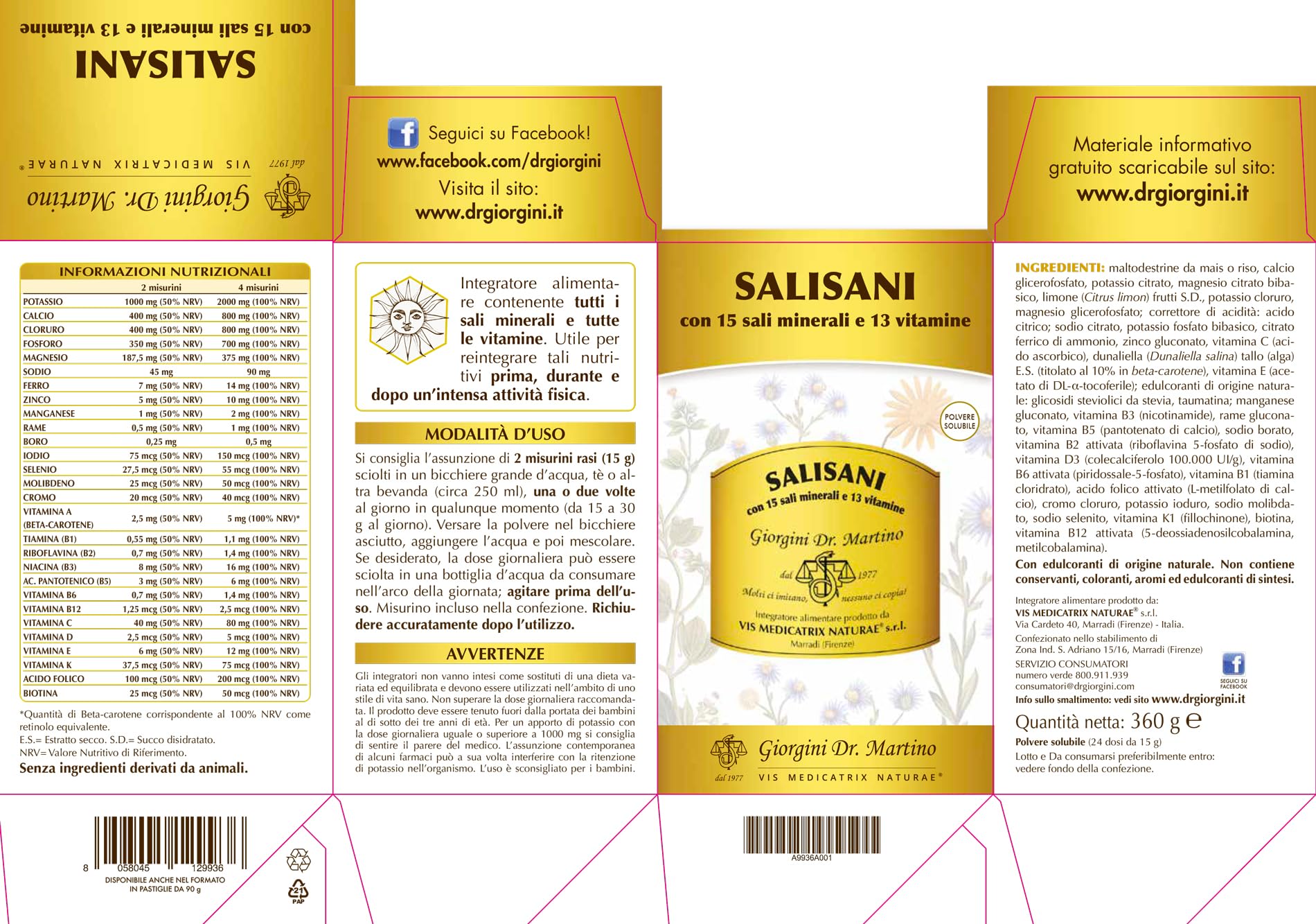 Dr Giorgini SALISANI Polvere - 360 g (15 sali minerali + 13 vitamine) integratore magnesio e potassio, altri sali minerali e vitamine