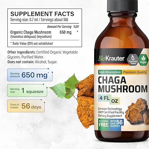 Miniatura 3 de Suplemento de hongos Chaga, extracto líquido sin alcohol, tintura adaptogénica para inmunidad, bienestar cardíaco y apoyo digestivo, gotas de