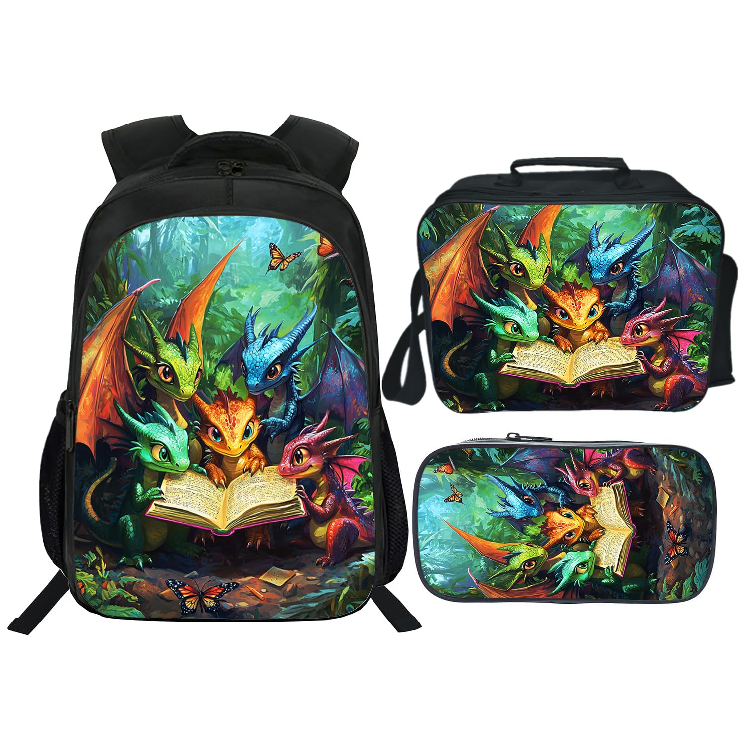 Rylane Dragon Backpack Kids Bookbag 16inch Schoolbag With Lunch Box Bag And Pencil Case Set For Boys Girls