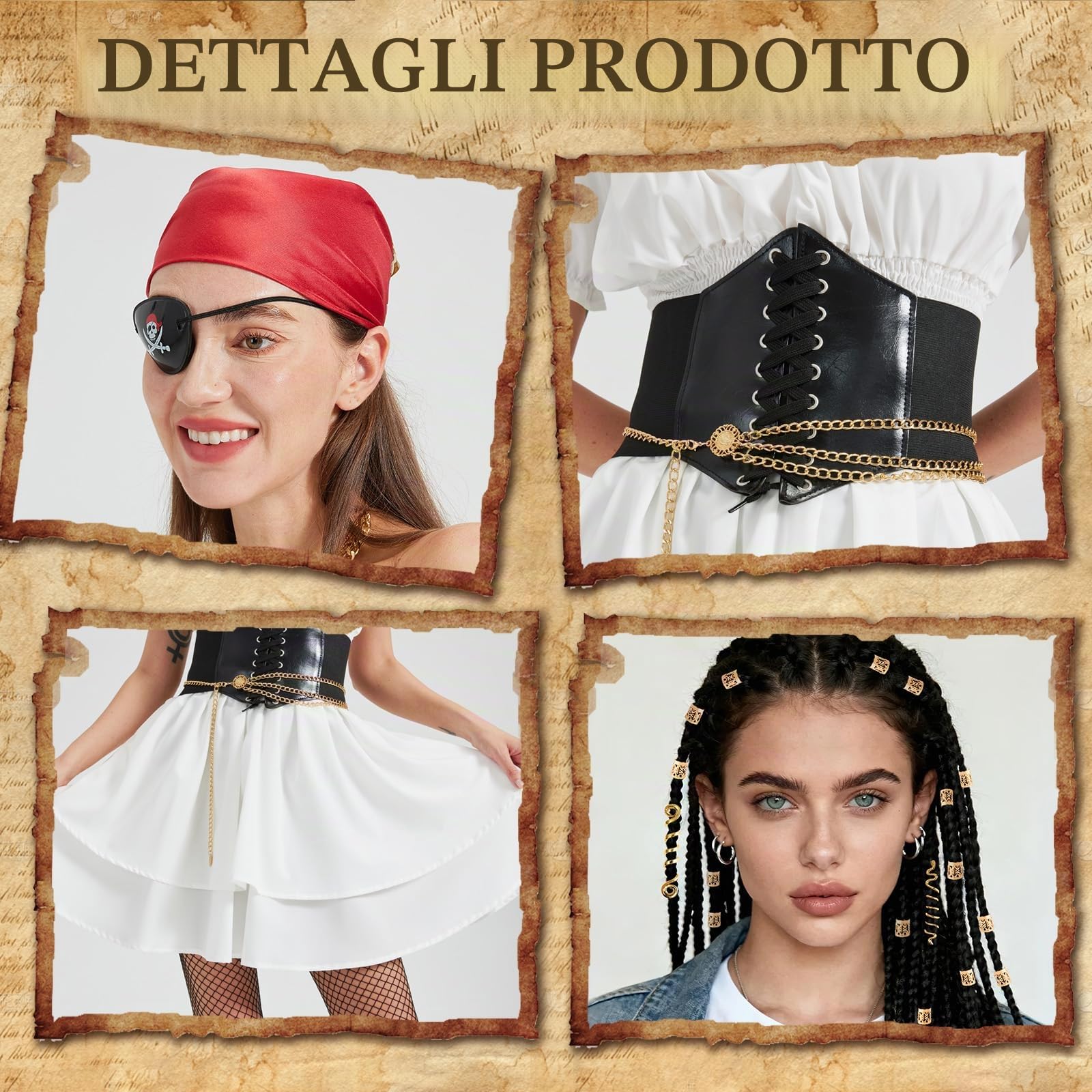 Joellfuner Costume Pirata Donna, Vestito Bianco Pirata Donna, Priatecostume con Corsetto, Calza, Bandana, Accessori per Capelli, Collana e Catena da Vita per Halloween Carnevale