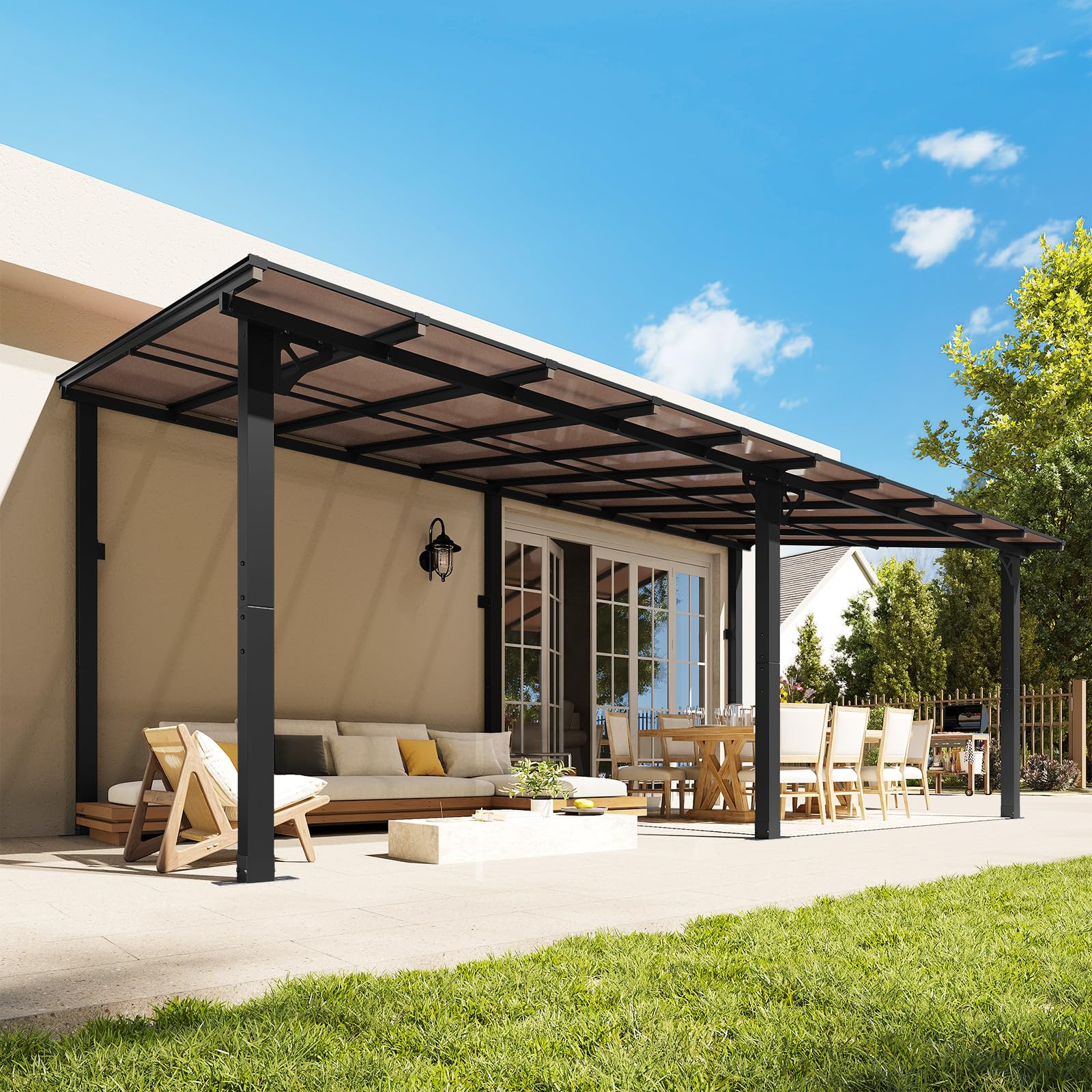 Aoxun 20'x10' Wall-Mounted Gazebo Pergola installed on a patio next to a house.