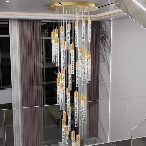 Miniatura 7 de Flashing God Candelabro de escalera de 12.5 pies de largo, lámparas de bola de cristal de burbujas doradas, candelabros de entrada grandes para