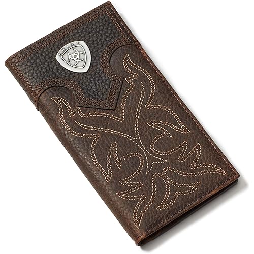 Ariat Men's Rodeo Wallet with Silver Shield Concho, Distressed Brown Top Grain Leather, Boot Stitching