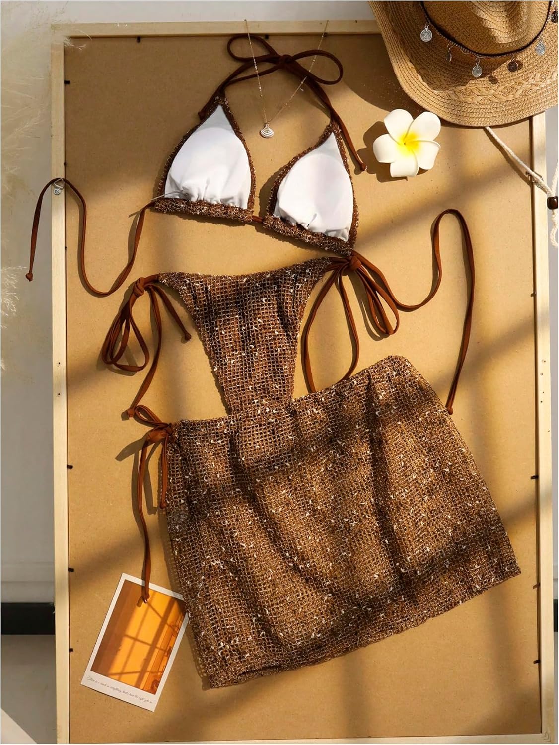 MakeMeChic Women's 3 Piece Crochet Bikini Sets Halter Triangle Summer Swimsuits with Cover Up Skirt Beach Outfits