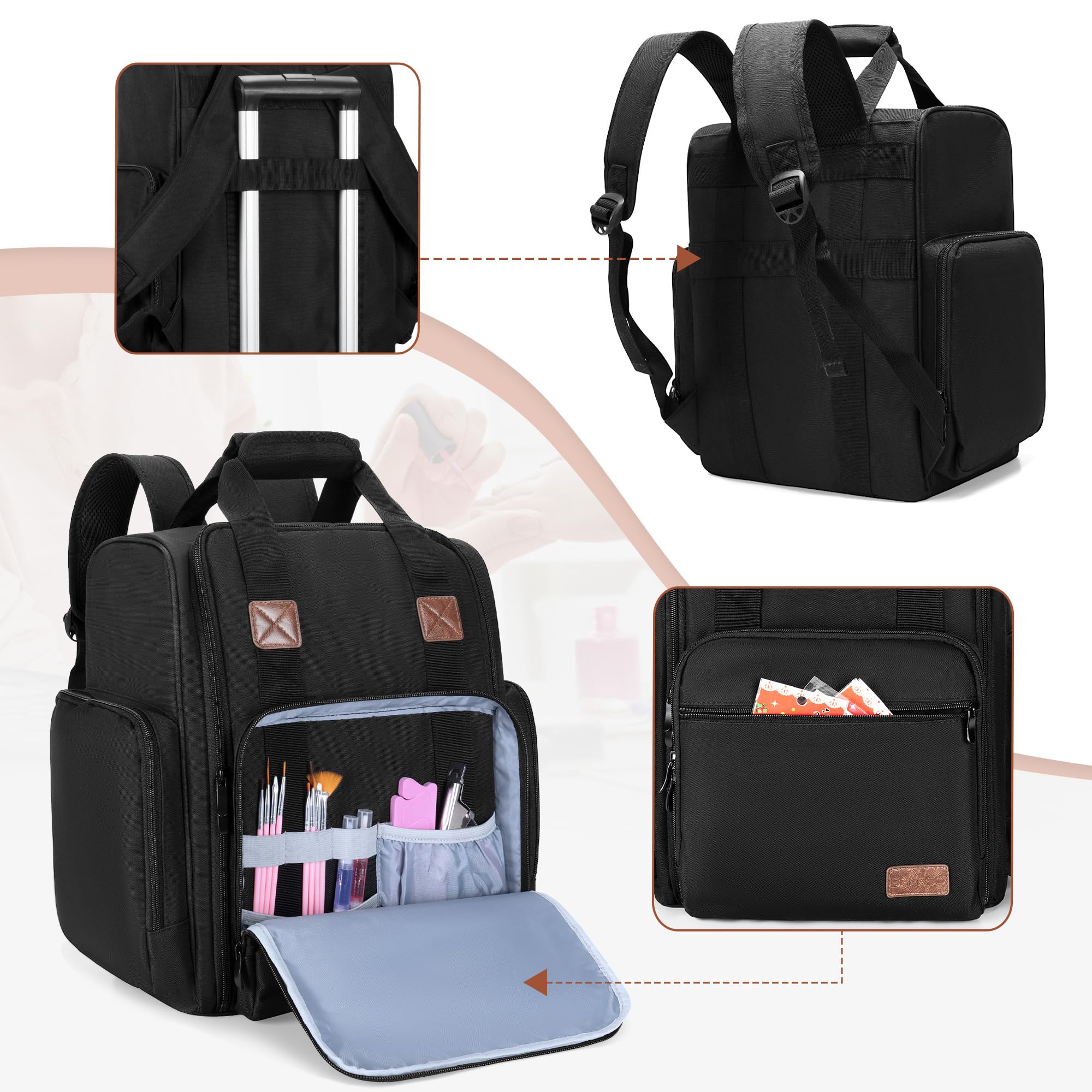 BAFASO Mochila Organizadora de Esmaltes de Uñas Sostiene 105 Botellas,Negro | Bolsa para Esmalte de Uñas con 3 Bolsas Extraíbles, Sostiene Lámpara de Uñas, (Solo Bolsa)