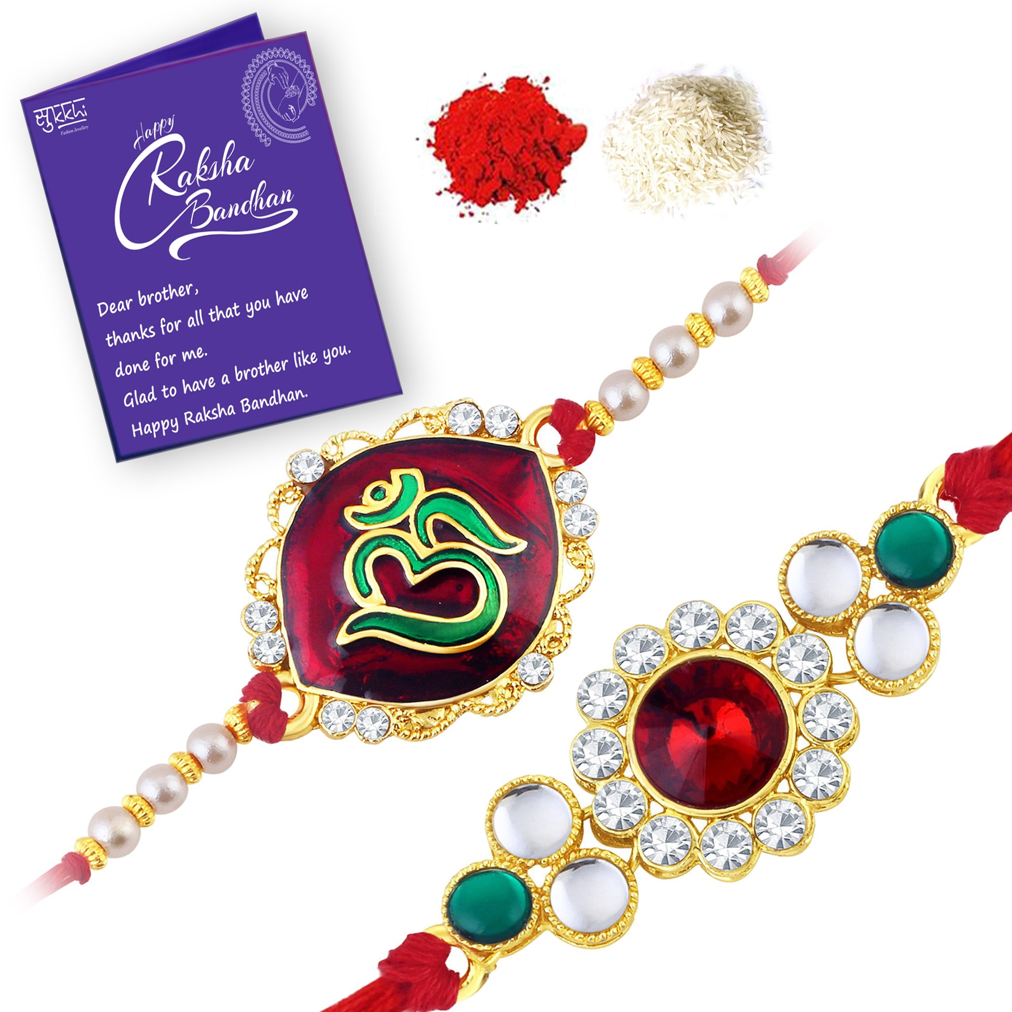 Sukkhi Rakhi Elegant Kundan Rakhi Combo & Designer Gold Plated Premium Rakhi for Brother, Roli Chawal & Greeting Card | Rakhi for Bhaiya | Rakhi for MEN | Kundan Rakhi | Rakhi Combo-Set of 2 (CB73463) (B0CD83QLM2) Amazon Price History, Amazon Price Tracker