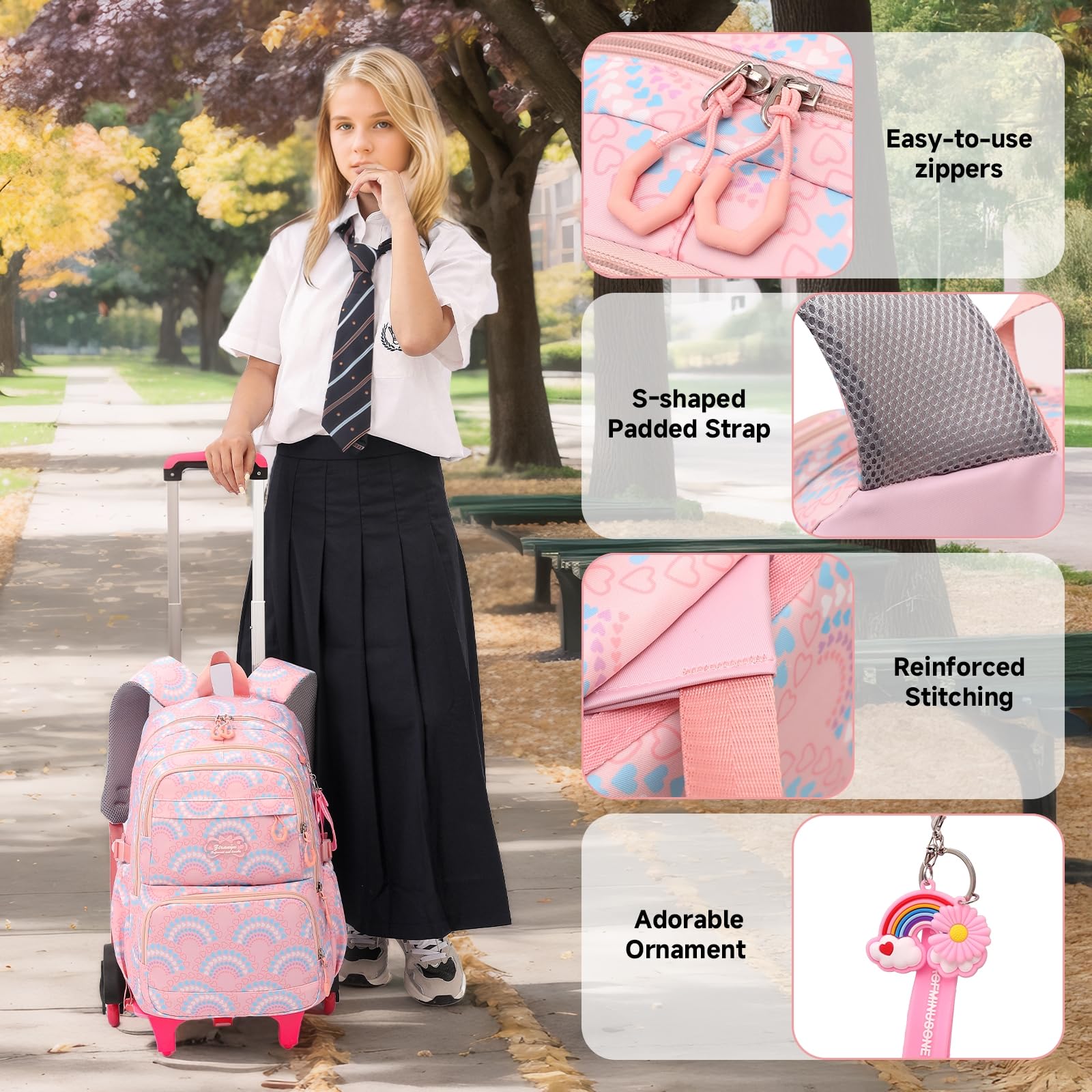 Amythe Mochila Escolar con Ruedas para Niña 9+ años, 6 Ruedas, Rosa | Mochilas Colegio con 6 Ruedas para Adolescentes, Bolso Informal con Carro para Escuela/Viajes para Chicas, Elegante