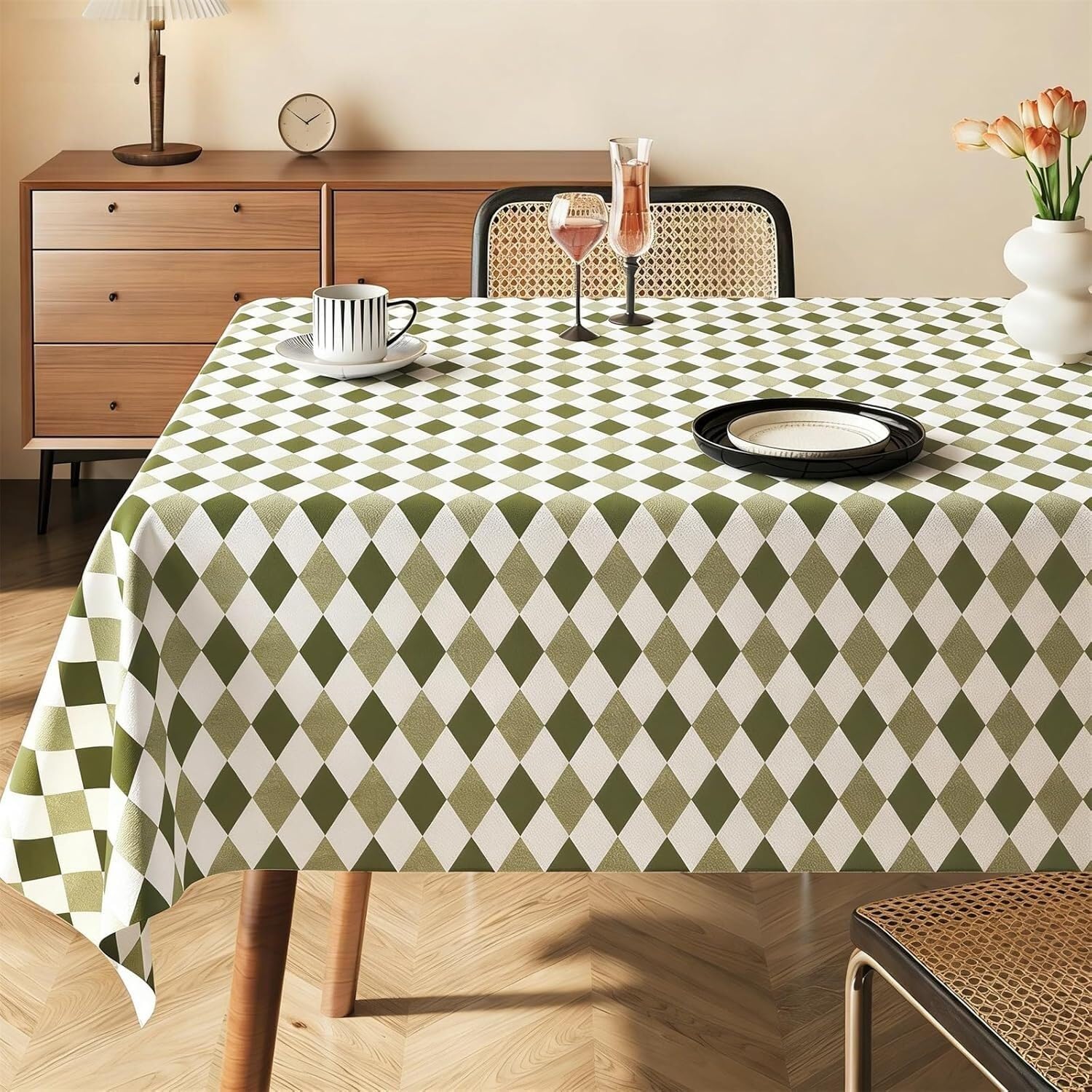 KIJyfgTR New Twill Check Wipeable Tablecloth, Rectangular Table Cover(Gradient Green,140x200cm)