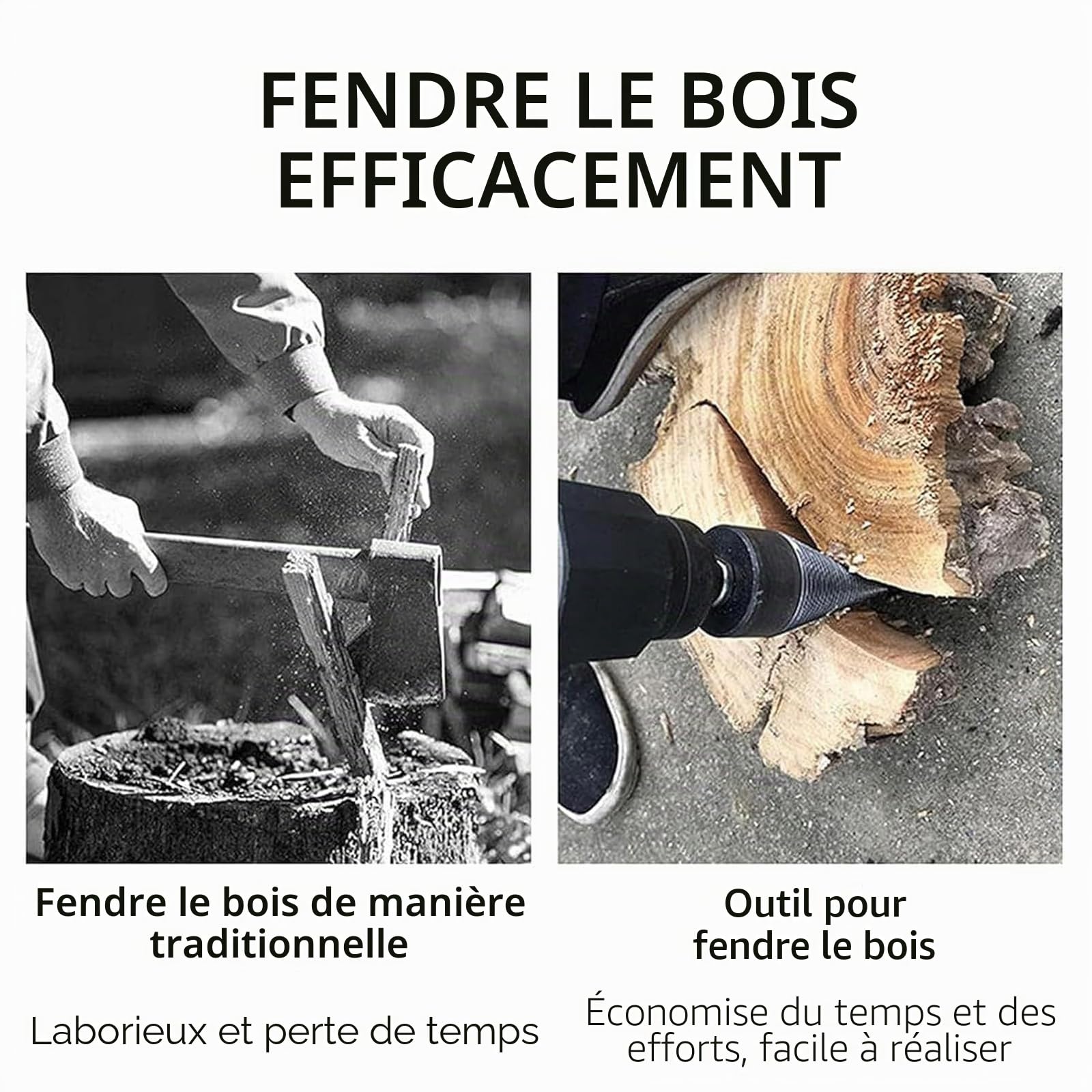 Kiméo Foret Fendeur de Bûches 3 en 1 – Cône Fendeur Bois Universel, Foret de Fendage de Bois ou de Bûches 32/42/50 mm, Cône de Forage avec 4 Poignées (32+42+50mm)