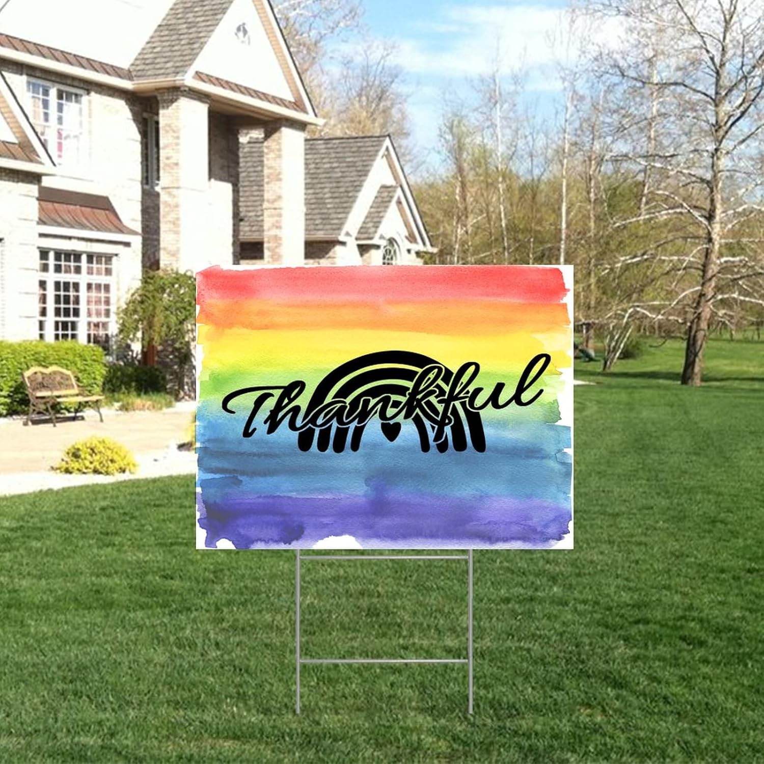 Progress Pride LGBTQ Yard Sign Thankful Equality Rainbow Sign with Metal H Stake USA American Pride Rainbow Yard Sign for Outdoor House Yard Lawn Decor 18x24 Inch