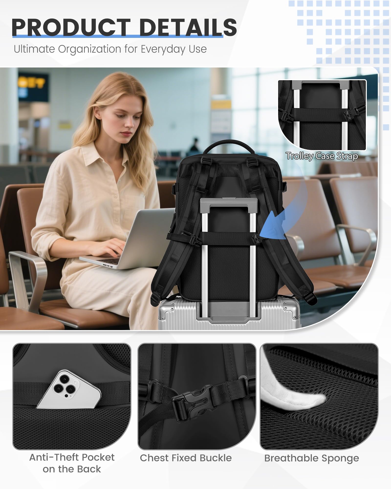 SEAFEW Mochila Viaje Cabina Avion 40x30x20 para Ryanair Mochilas de Vacío con Bomba para Mujer Bolsa de Cabina Equipaje de Mano Cabina Avion Mochila de Senderismo Impermeable Cabina Mochila,N1-Negro