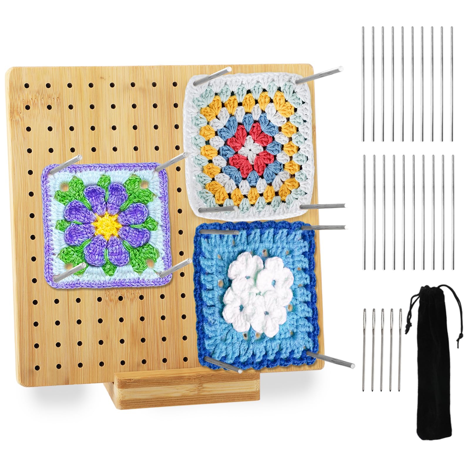 Hisdricus Brown 20Cm / 7.8 In Crochet Blocking Board And Pins With Bamboo Base, Bamboo Granny Square Blocking Board For Knitting Projects, Knitting Accessories With 20 Pcs 15Cm Stainless Steel Pegs & Storage Bag