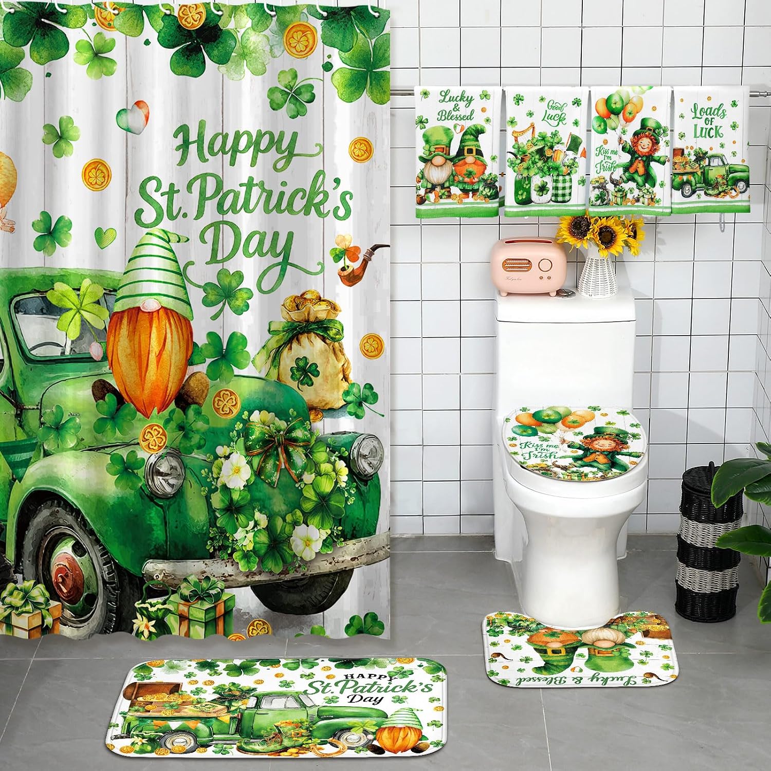 FuWeave 8 Pcs St. Patrick's Day Shower Curtain Sets for Bathroom Decor Shamrock Bathroom Accessories Irish Lucky Clover Green Shower Curtain Sets with Towels Carpet Bath Mat Toilet Rugs and 12 Hooks