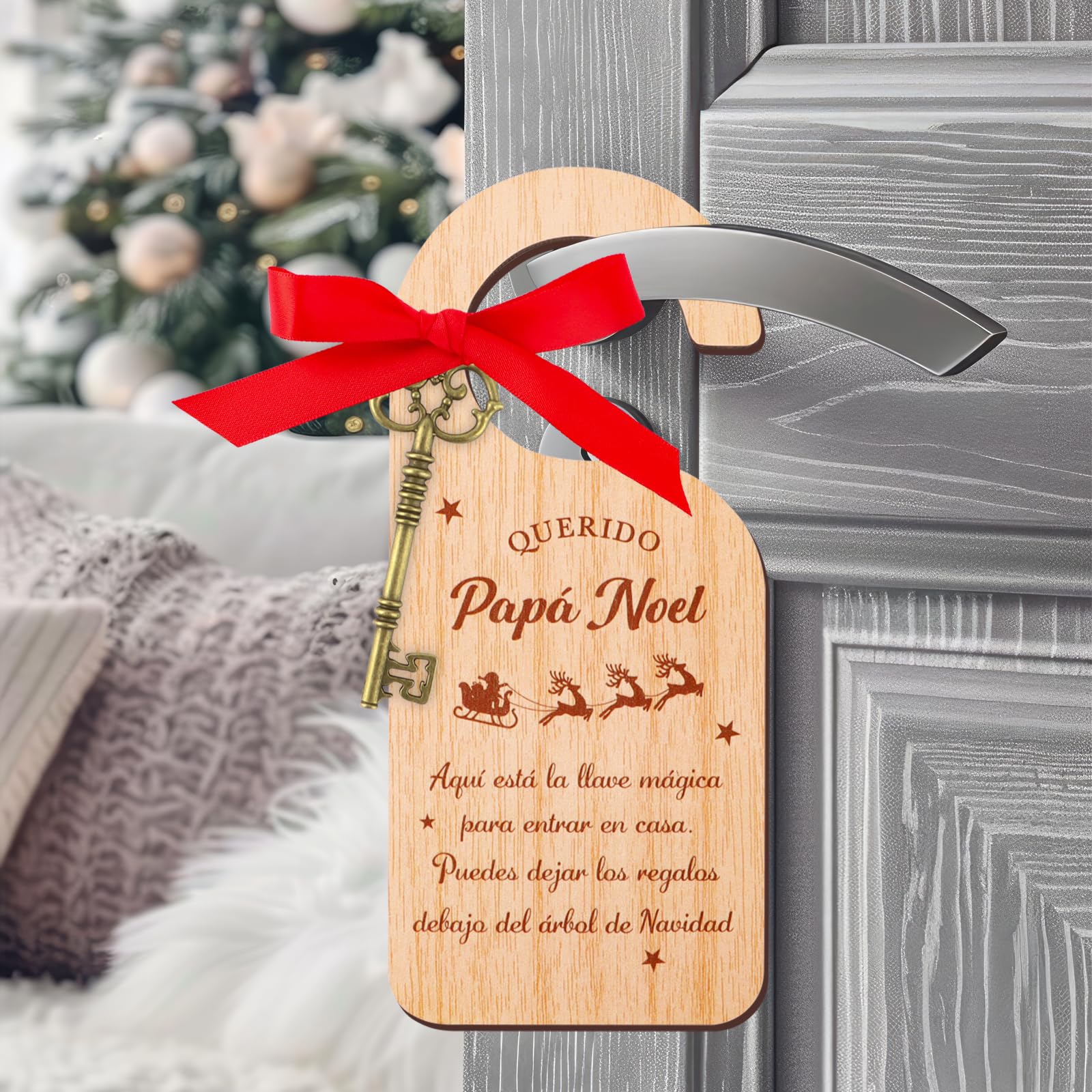 GEBETTER Decoración Puerta Navidad Español Santa Claus, 1* Llave Mágica Vintage + 1* Tabla Madera + 1* Cinta Roja, Set Adorno Colgante Navideño Pomo Manija, Regalo Infantil Niños (Papá Noel)