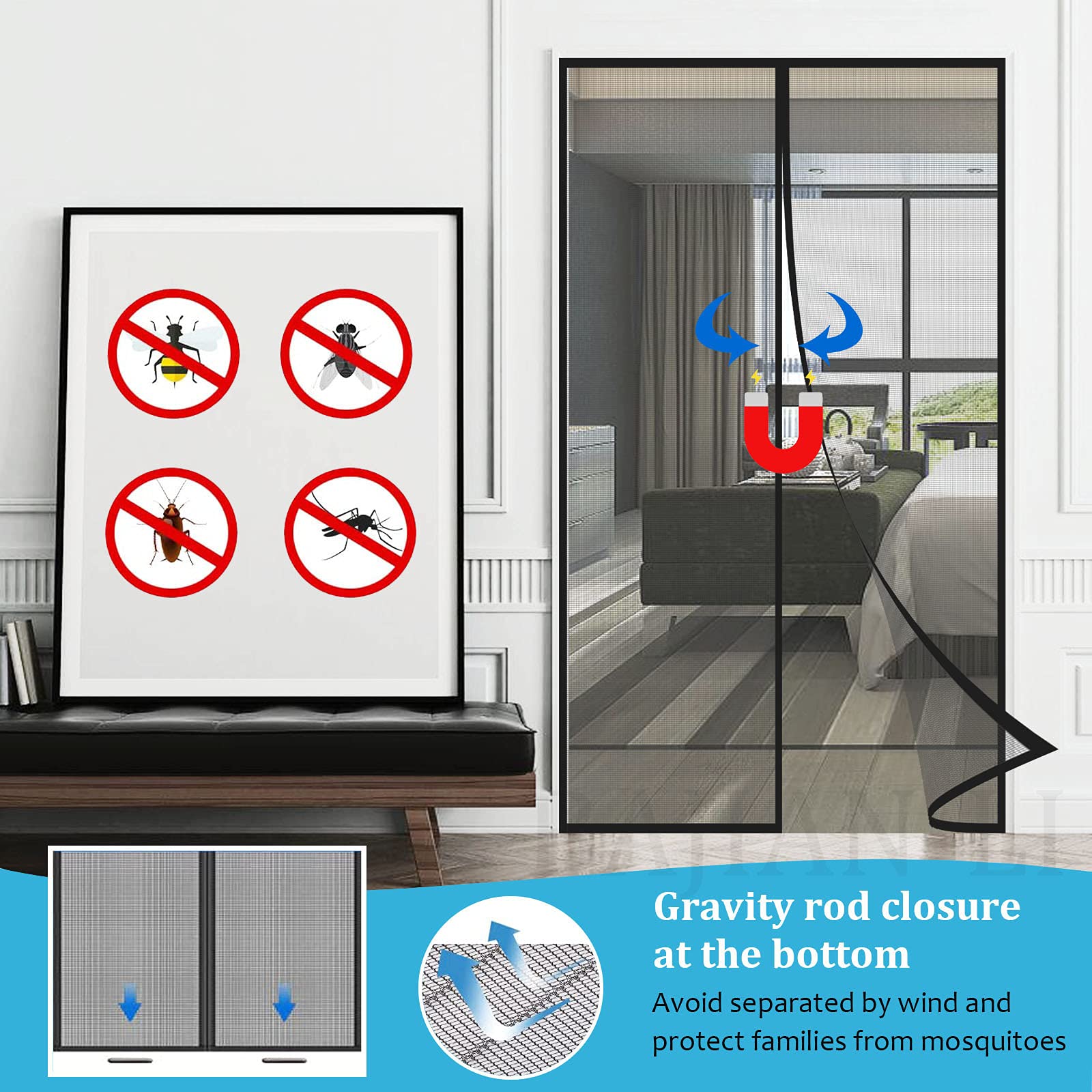 Porte Moustiquaire, Moustiquaire Magnétique Mailles Ultra Fine Aimants Fermeture Automatique Pour Couloirs Portes Patio Rideau Anti Moustique Bogues Pas De Forage 90 X 210cm 42899812