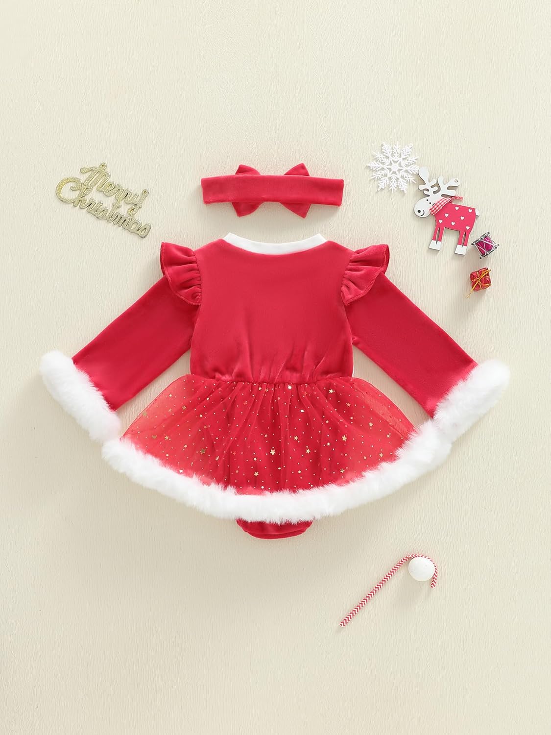 Baby Girl Christmas Outfit Newborn Christmas Dress Ruffle Sleeve Fur Trim Velvet Smocked Romper Dresses Headband Set - Image 6