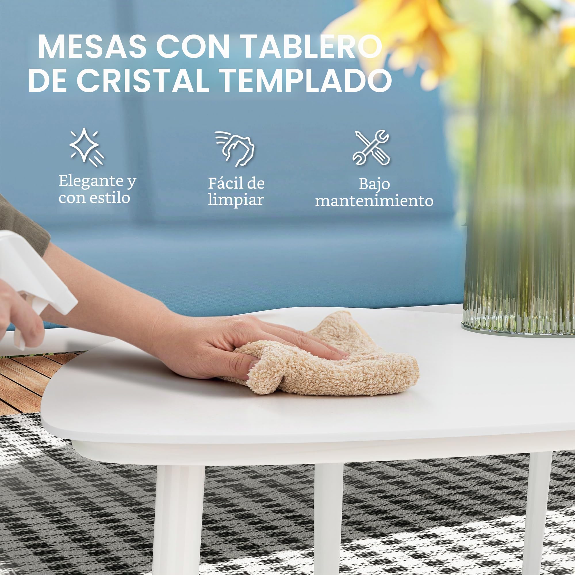 Outsunny Exterior Set de Jardín y Balcón 4 Personas Azul Claro | 5 piezas: sofá, 2 sillones, 2 mesas de café de vidrio templado, cojines incluidos, muebles de jardín para patio, terraza