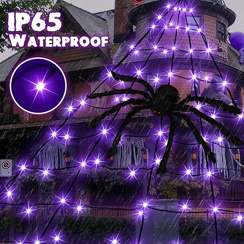 Miniatura 5 de Decoraciones de telarañas de Halloween para exteriores, 19.7 x 14.8 pies, tela de araña gigante con 250 luces LED moradas, telaraña negra triangular