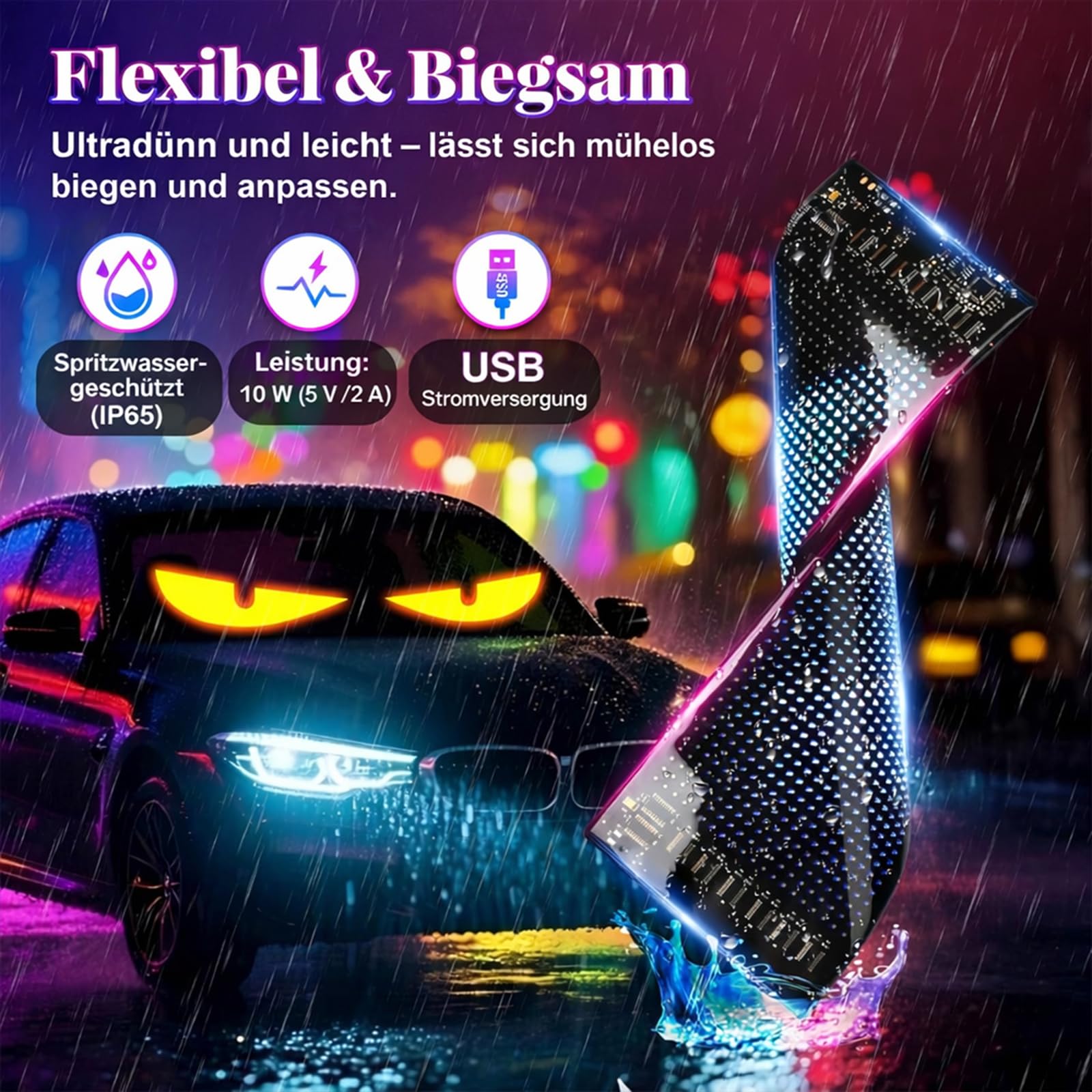 2er Devil Eyes Light For Cars Led Augen für Lkw Auto (92mm*374mm) Led Anzeige Programmierbar Laufschrift Leuchtreklame Personalisiert Leuchtschild FüR,Auto,LKW,Text,Graffiti,Smart App,Bluetooth USB 5V